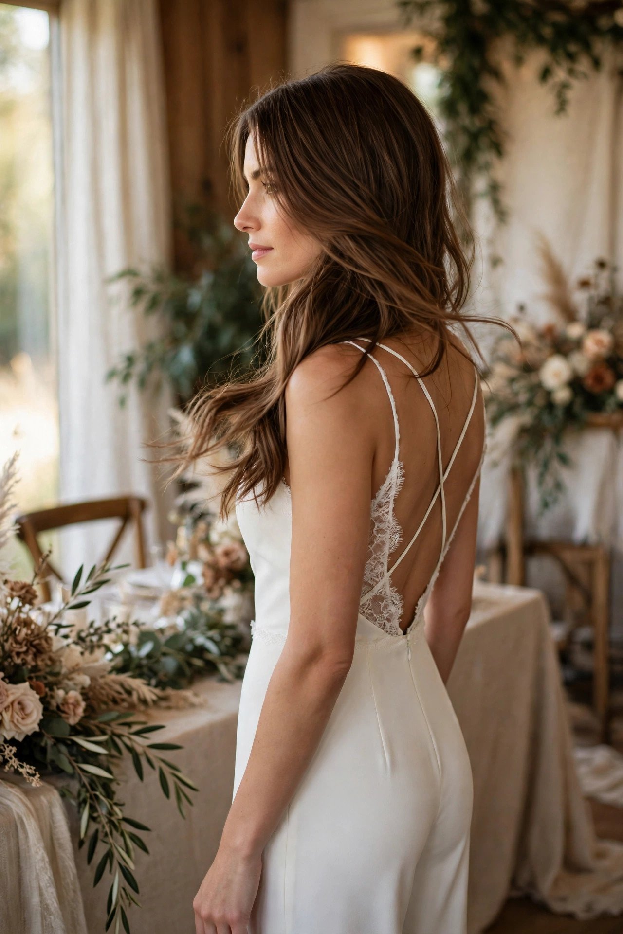 Backless Look with Hair Swept Forward — bride wearing this look at a wedding reception