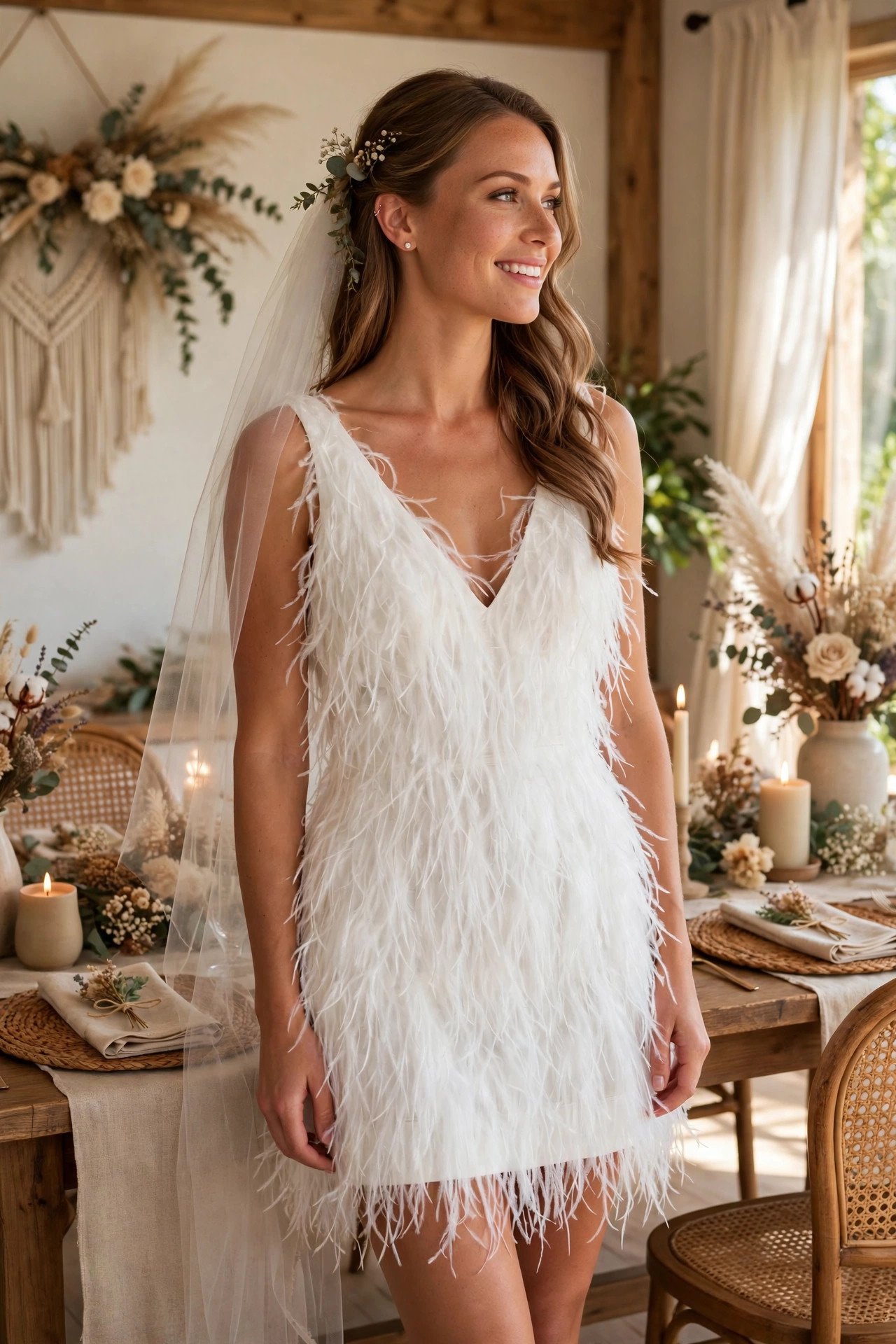 Feather-Hem Mini — bride wearing this look at a wedding reception