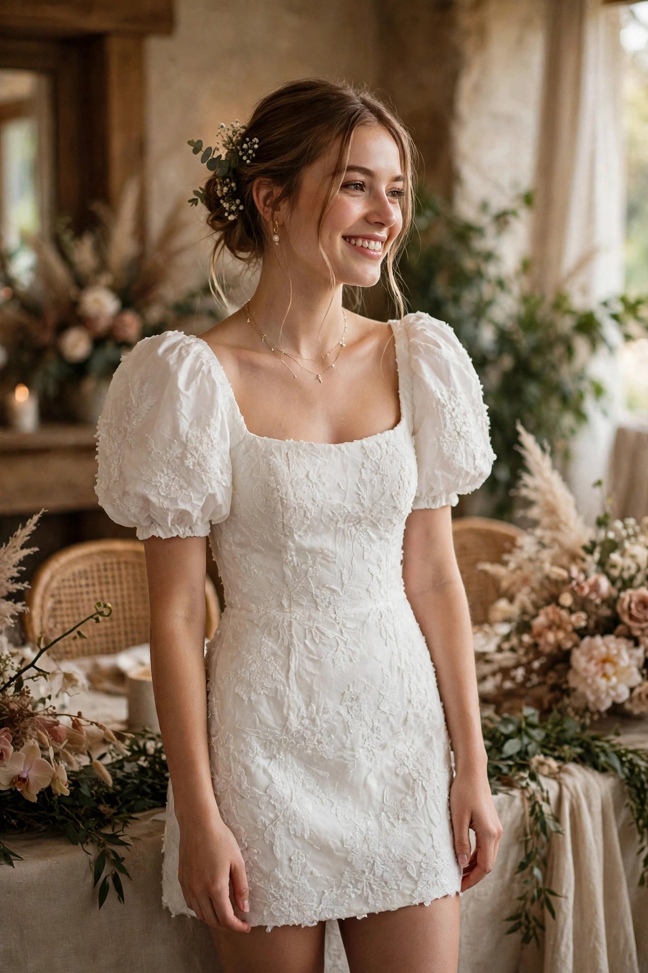 Puff-Sleeve Mini — bride wearing this look at a wedding reception