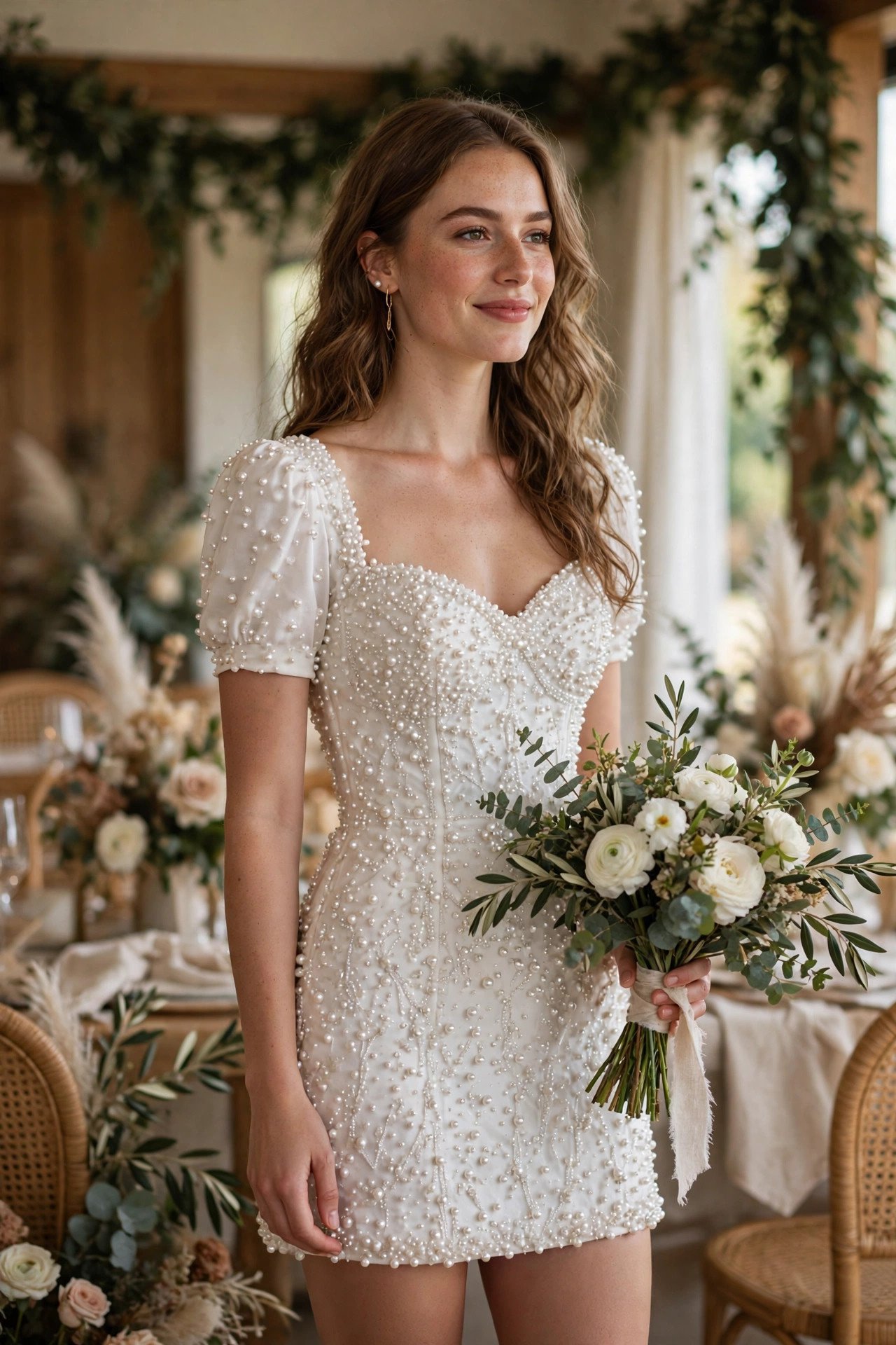 Pearl Mini Dress — bride wearing this look at a wedding reception