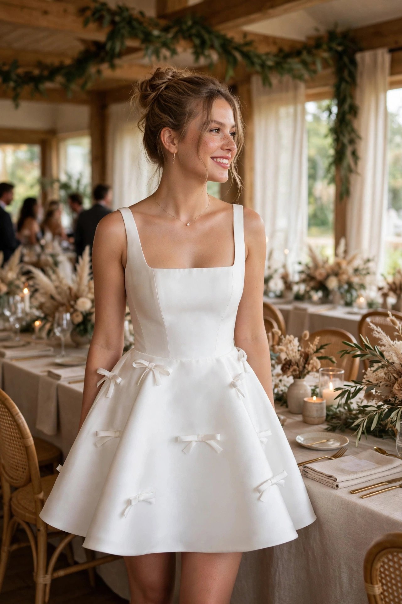 Structured Mikado Mini — bride wearing this look at a wedding reception