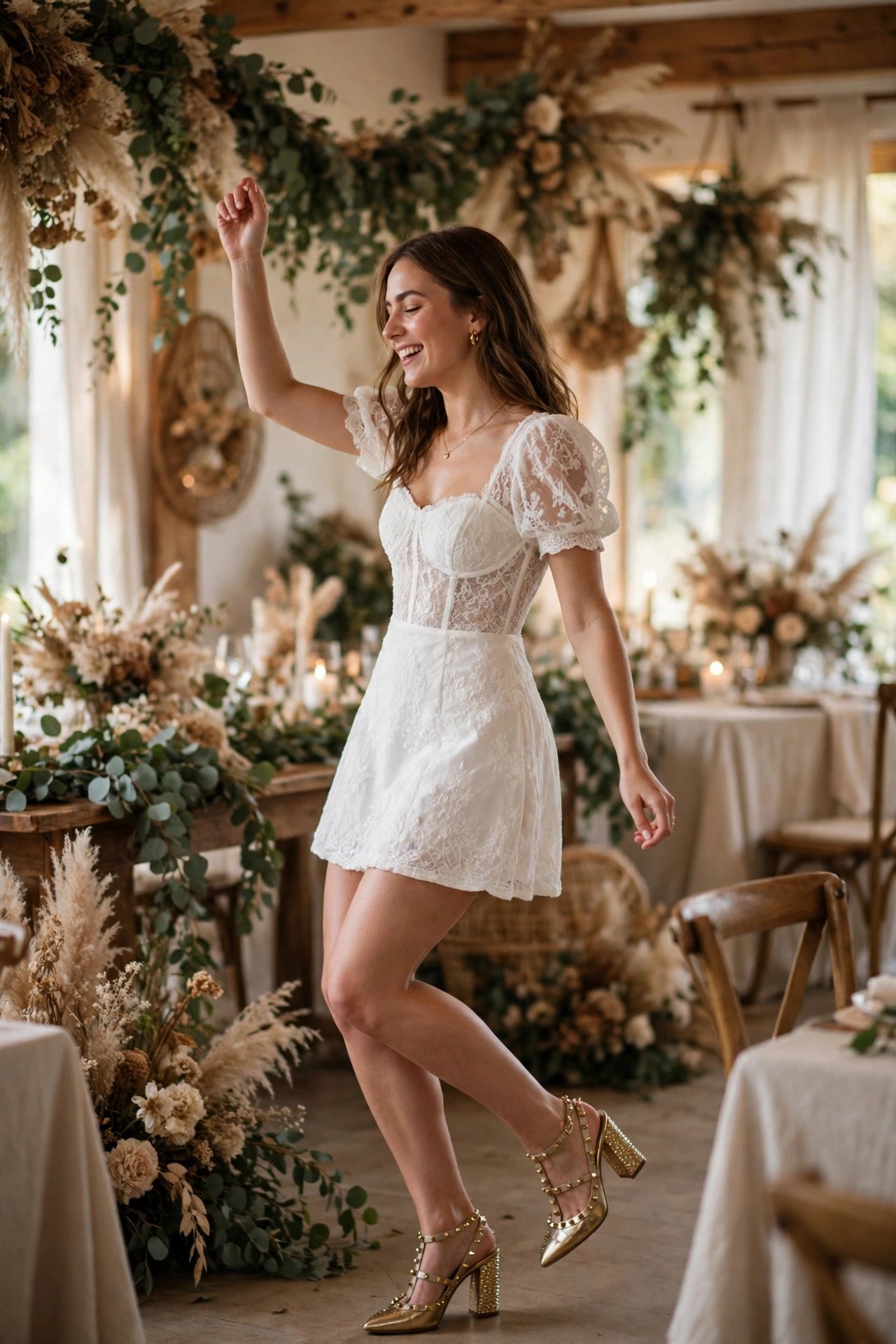 Bride in a white mini dress and statement heels dancing at her reception