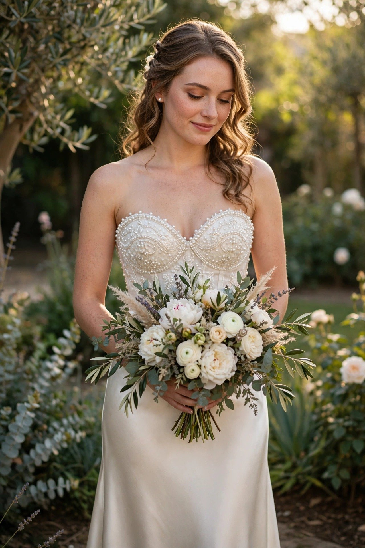 Bride in a pearl-embellished bustier top and sleek satin slip skirt holding a bouquet