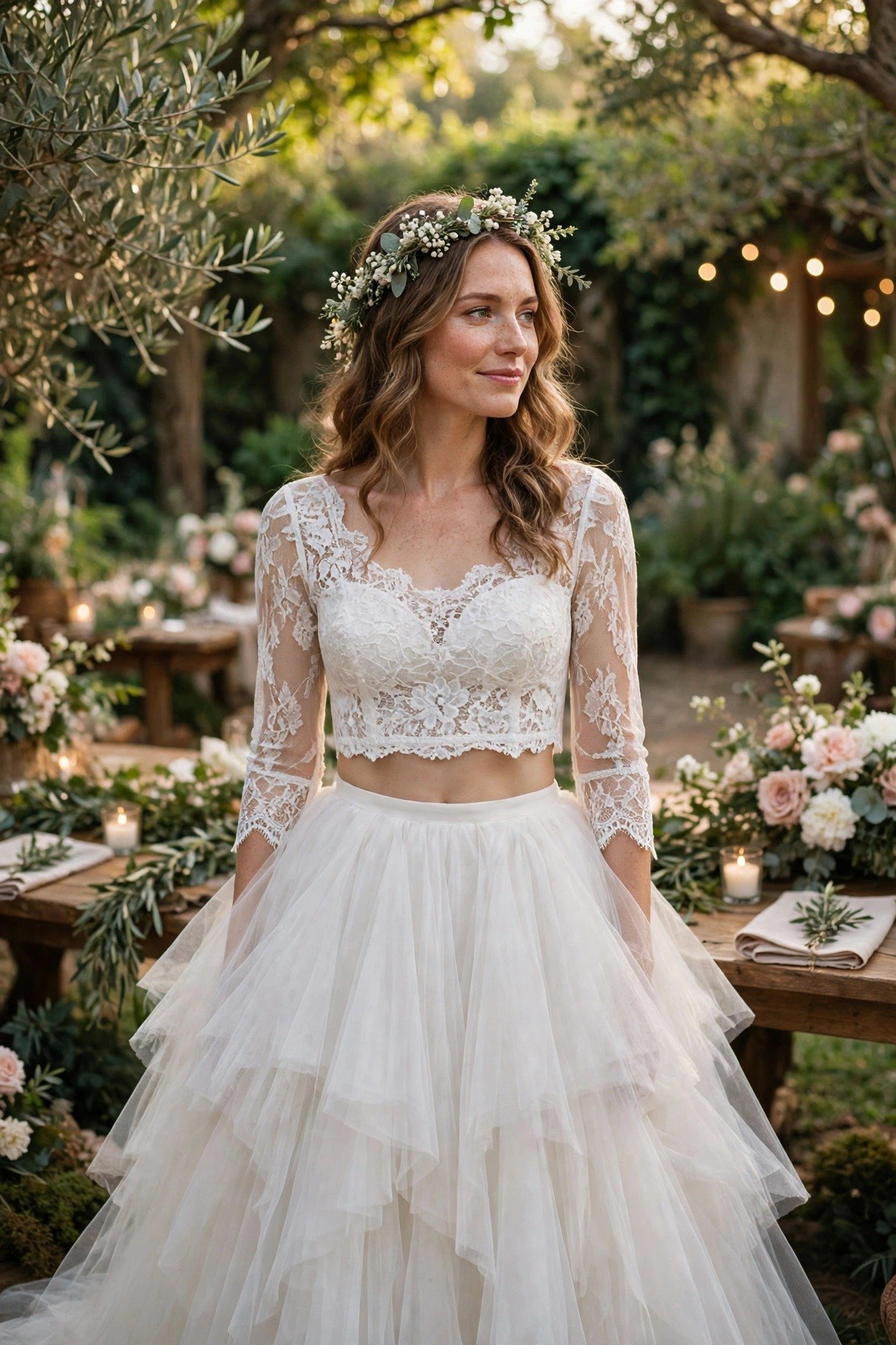 Bride in a white lace crop top and full layered tulle skirt in a garden reception
