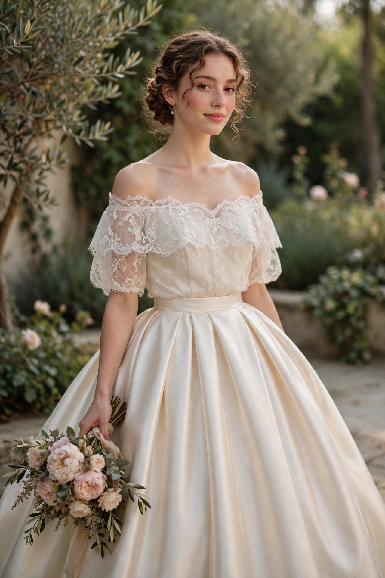 Bride in an off-the-shoulder bridal blouse tucked into a full satin ball skirt
