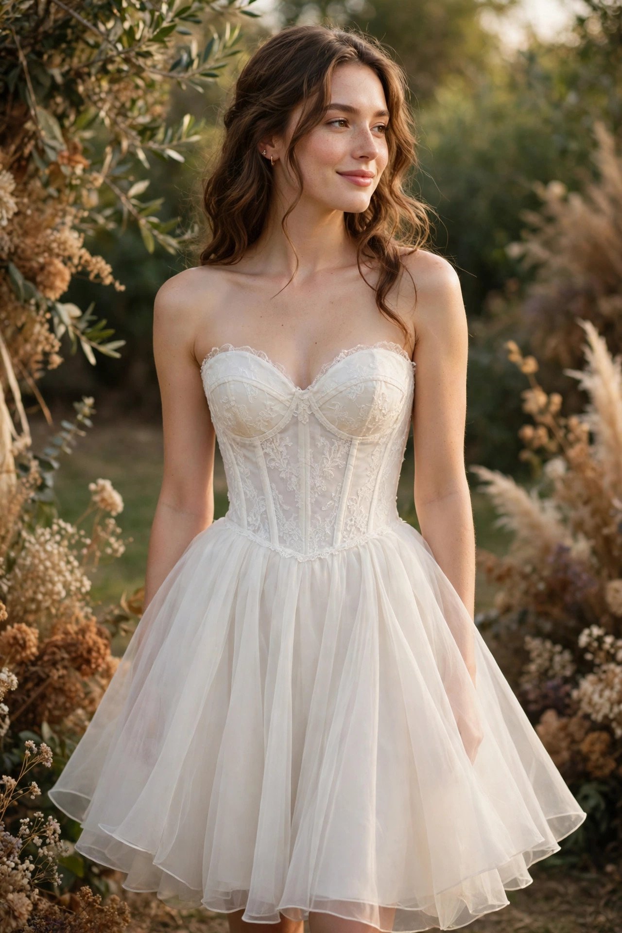 Bride wearing a sweetheart corset top and a swishy knee-length organza skirt