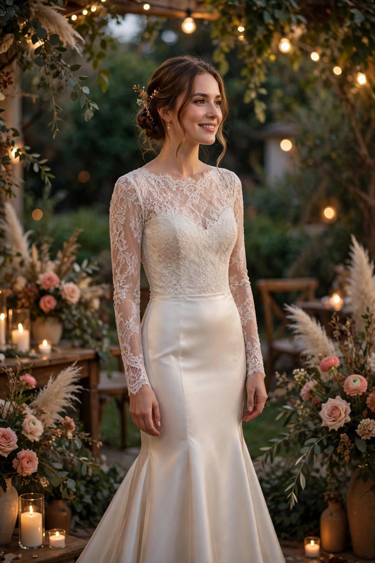Bride wearing a long-sleeve lace top with a fitted satin mermaid skirt at an evening reception