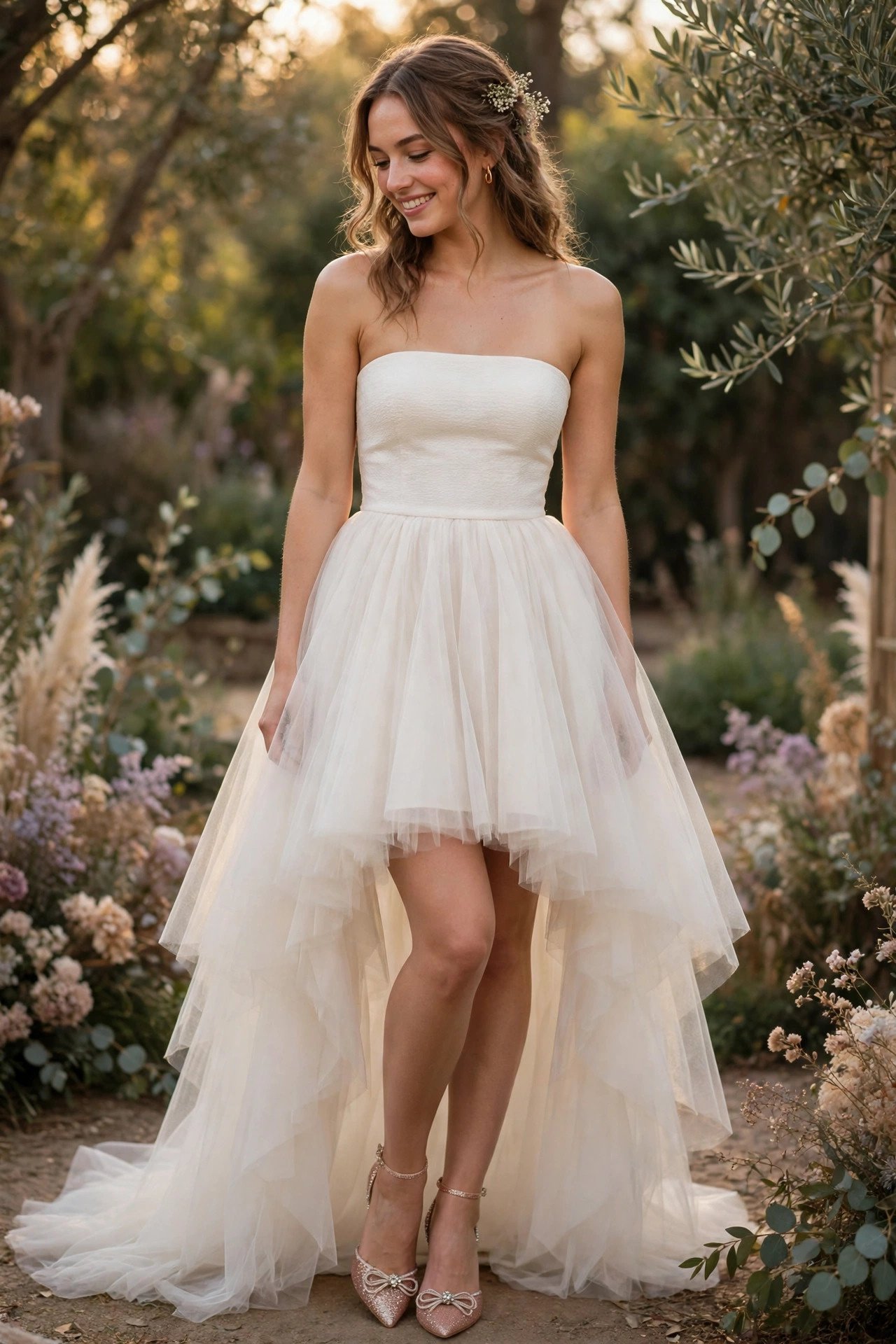 Bride in a strapless bandeau top and high-low tulle skirt showing her party shoes