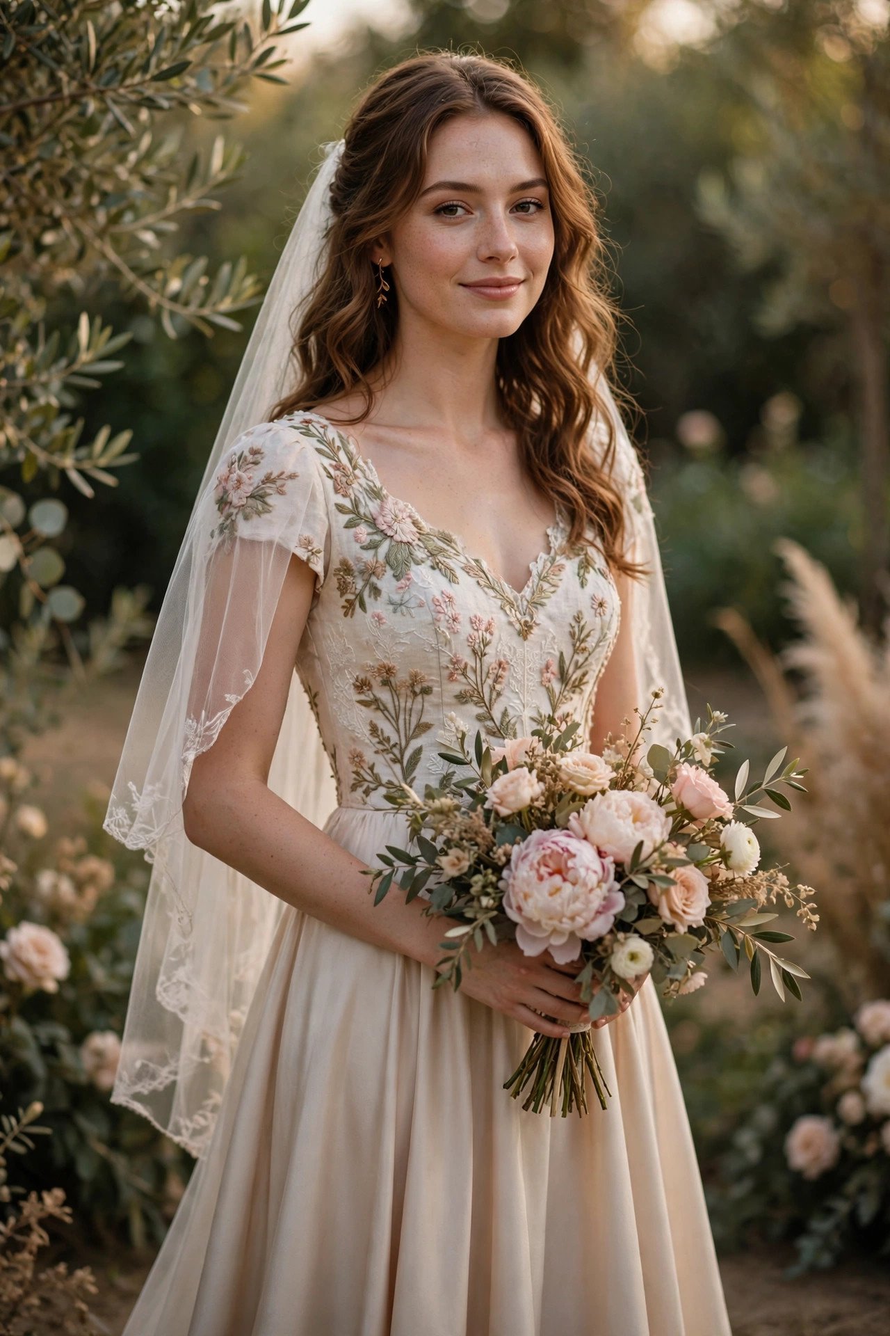 Bride wearing a floral-embroidered bodice top with a flowing silk maxi skirt