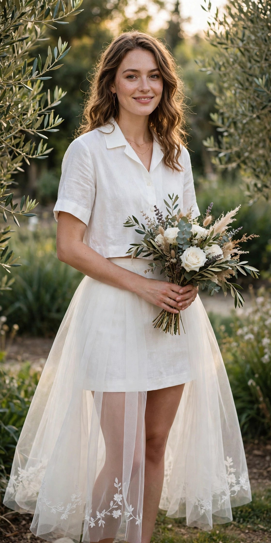 Bride wearing a white co-ord set with a sheer detachable overskirt over a mini skirt