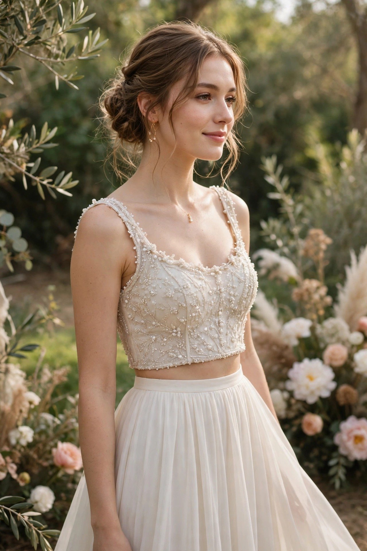 Bride wearing a two-piece reception dress set with a beaded crop top and flowing skirt