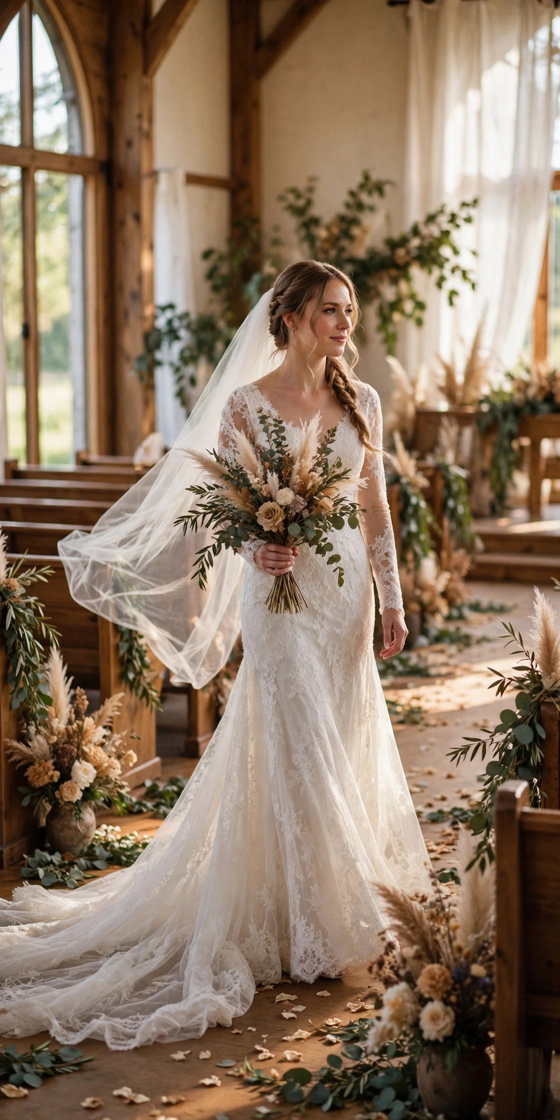 Bride walking down the aisle in a full-length ceremony gown with a long train