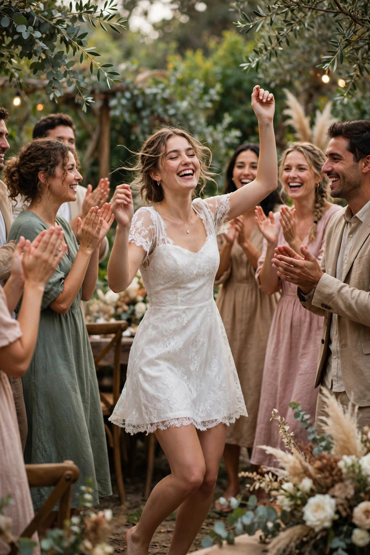 Bride dancing freely in a short reception dress while guests cheer around her
