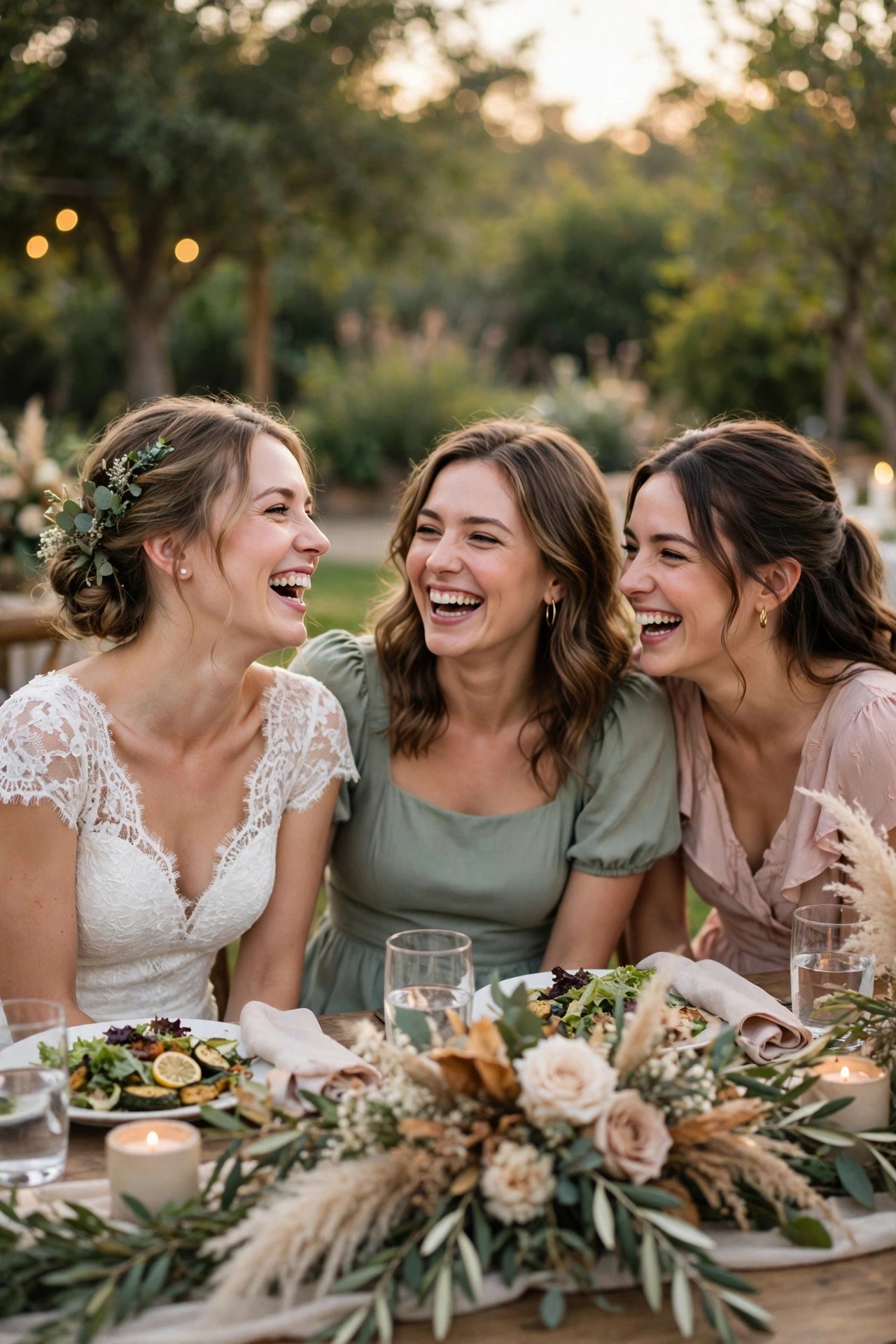 Bride relaxing and laughing with friends during a long wedding reception