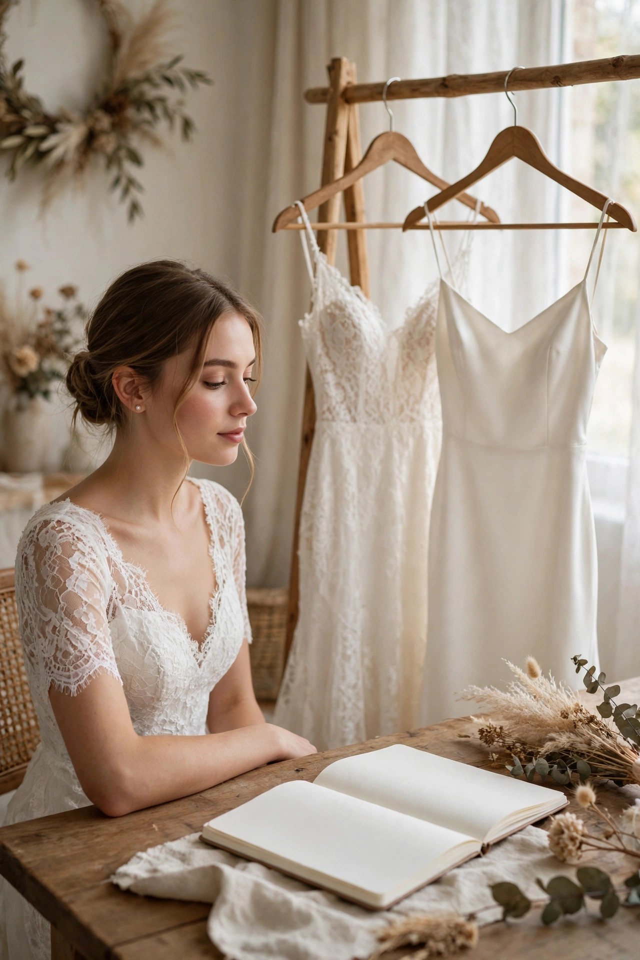 Bride reviewing her wedding budget notebook beside two dress options