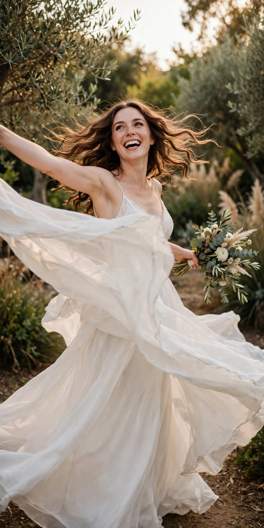 Bride in a lightweight sheath gown that works from ceremony through dancing
