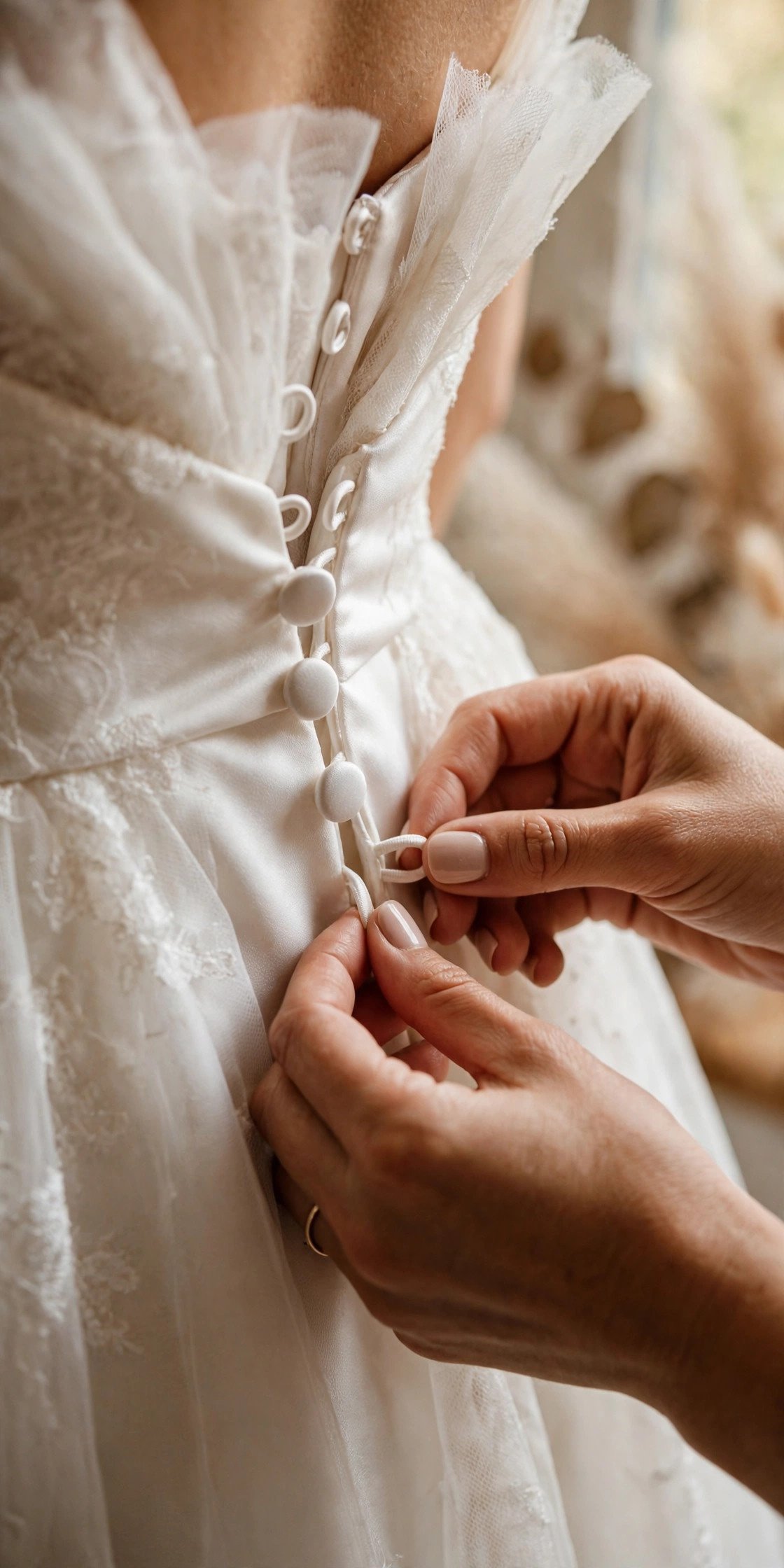 Close view of a wedding dress bustle being fastened before the reception