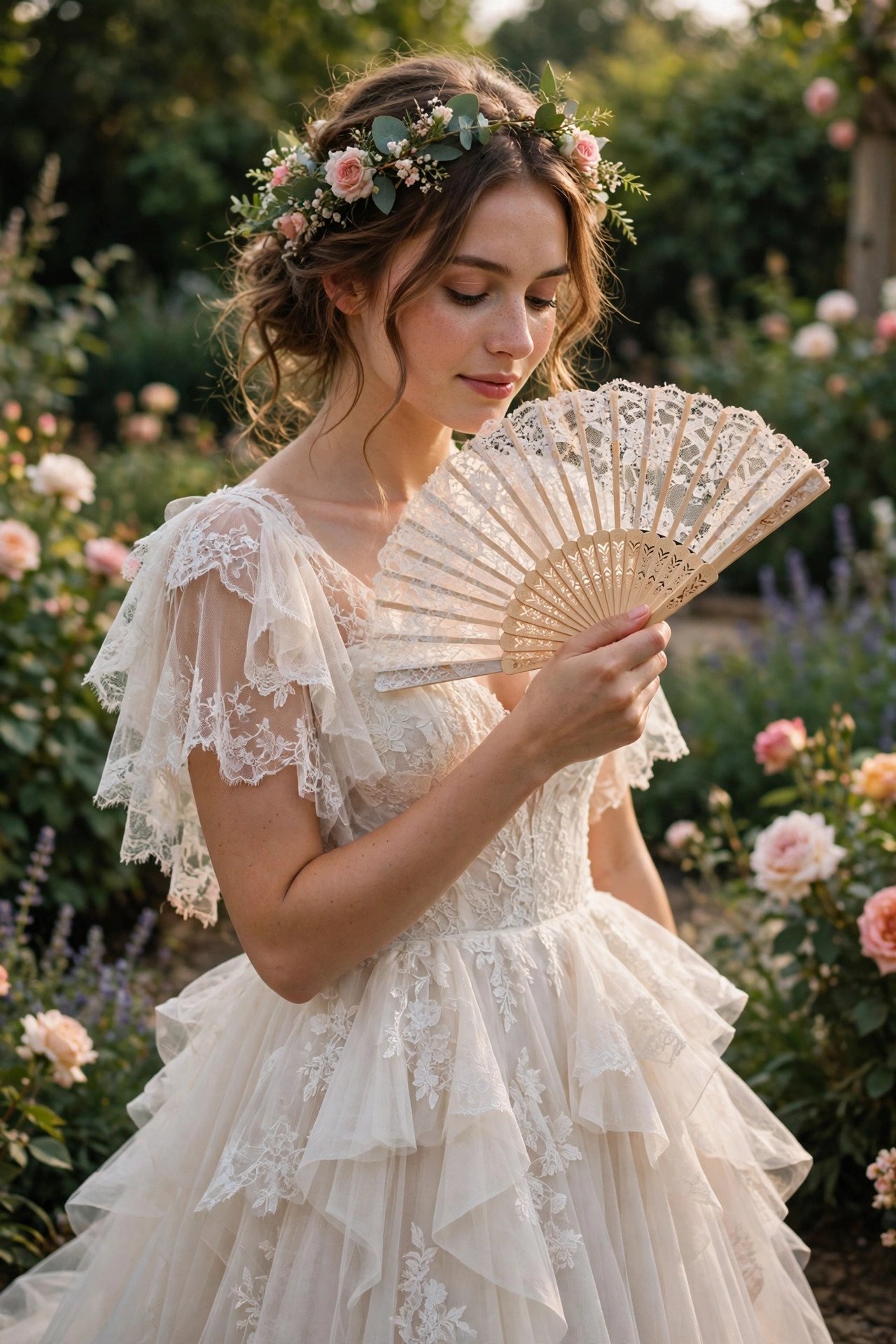 Bride at a summer garden wedding fanning herself in a layered gown