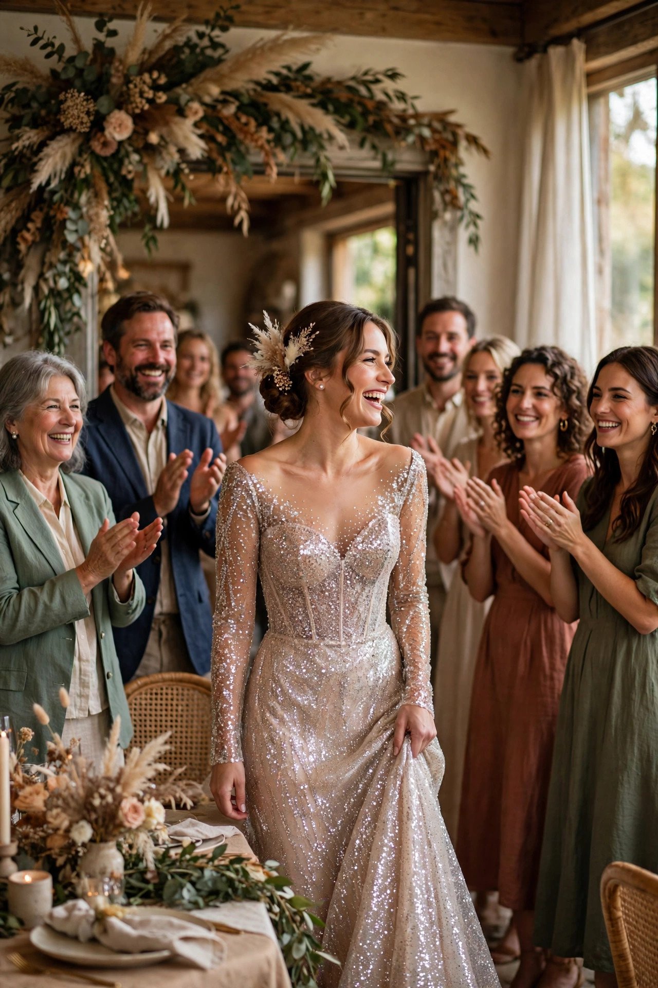 Bride making a joyful second entrance into the reception in a new outfit