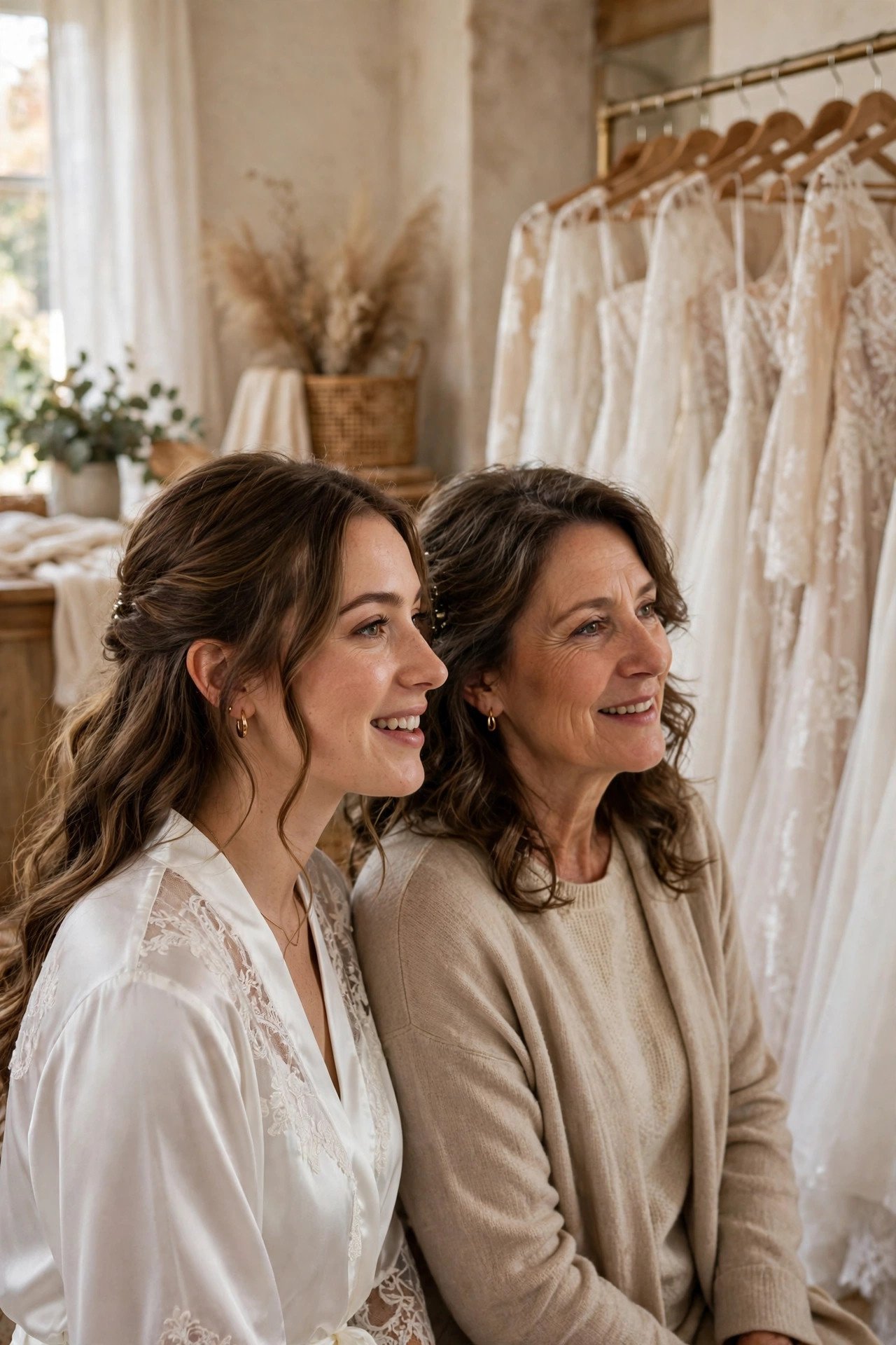 Bride talking with her mother while looking at wedding dresses together