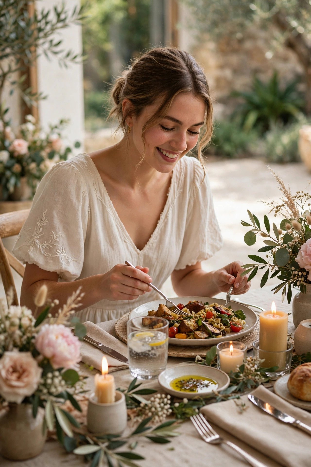 Bride enjoying her wedding dinner comfortably in a relaxed reception dress