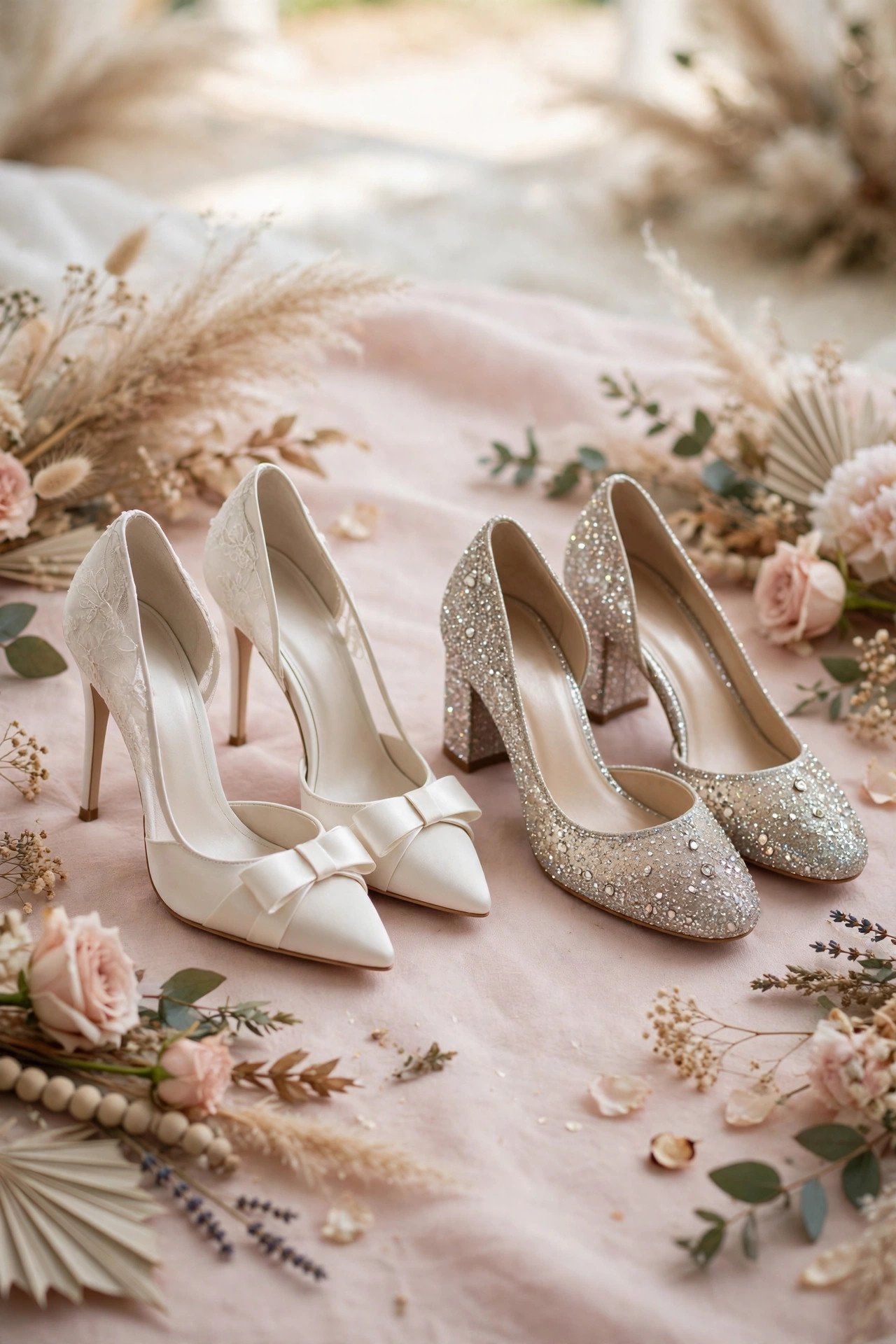 Two pairs of bridal shoes — tall ceremony heels and lower party heels