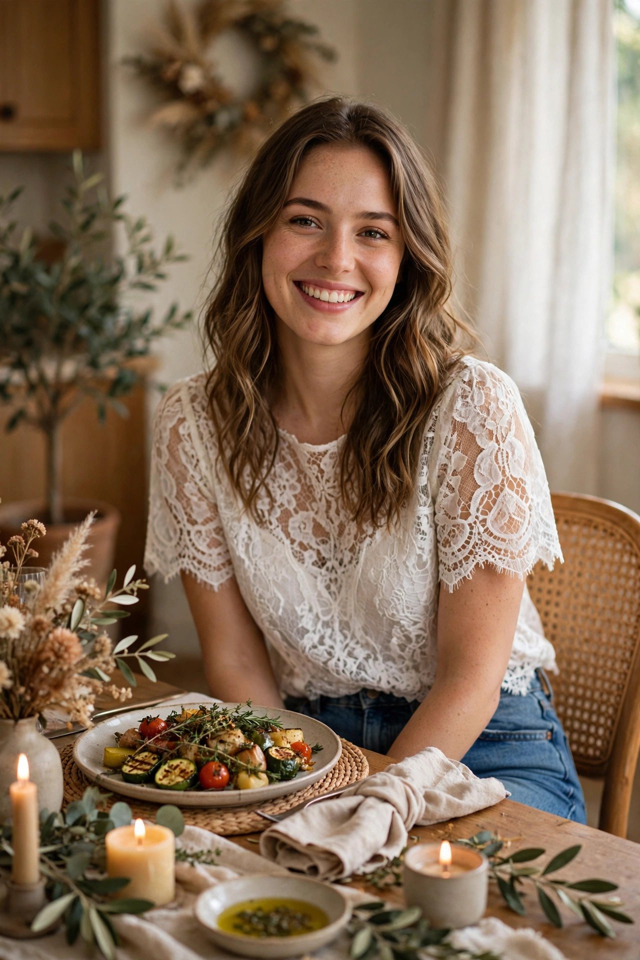 Bride wearing her reception top again with jeans at an anniversary dinner