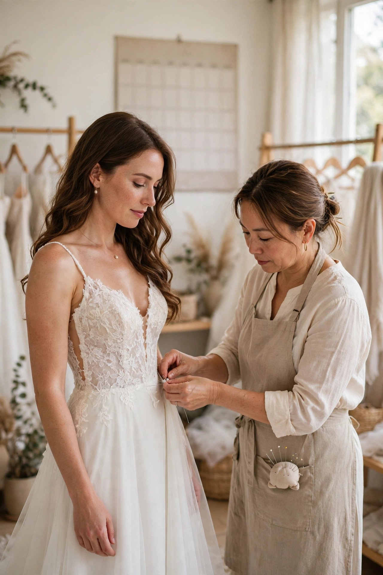 Bride at a dress fitting with a calendar of appointments beside her