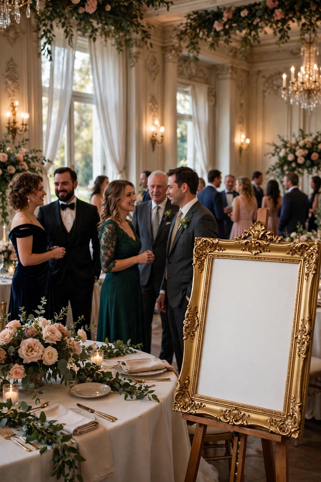 Elegant ballroom reception with a formal dress code sign