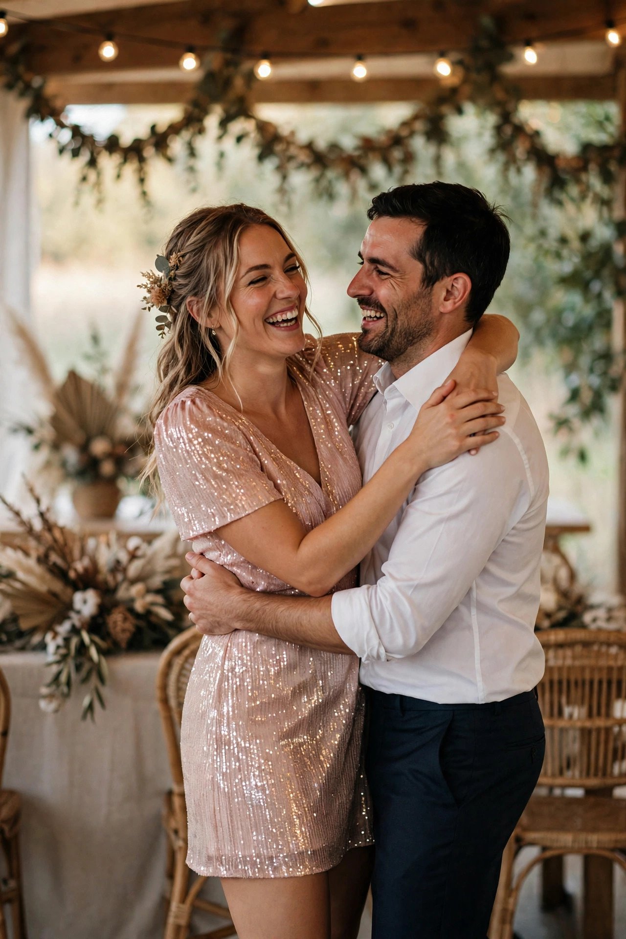 Couple at their reception, one in a changed party outfit and one in a suit with the jacket off