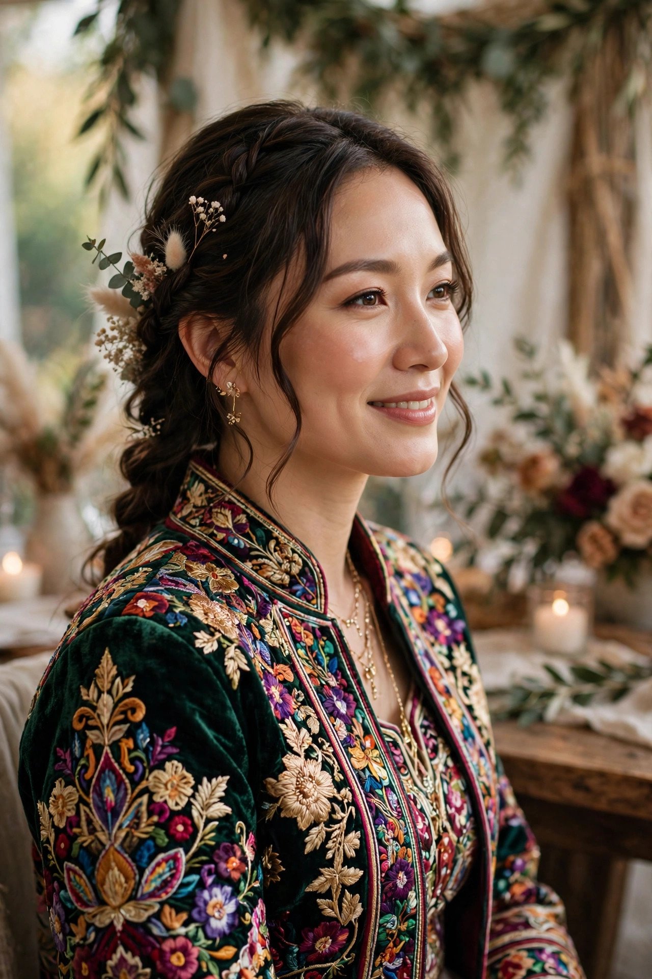 Bride wearing a colourful cultural outfit for part of her wedding reception