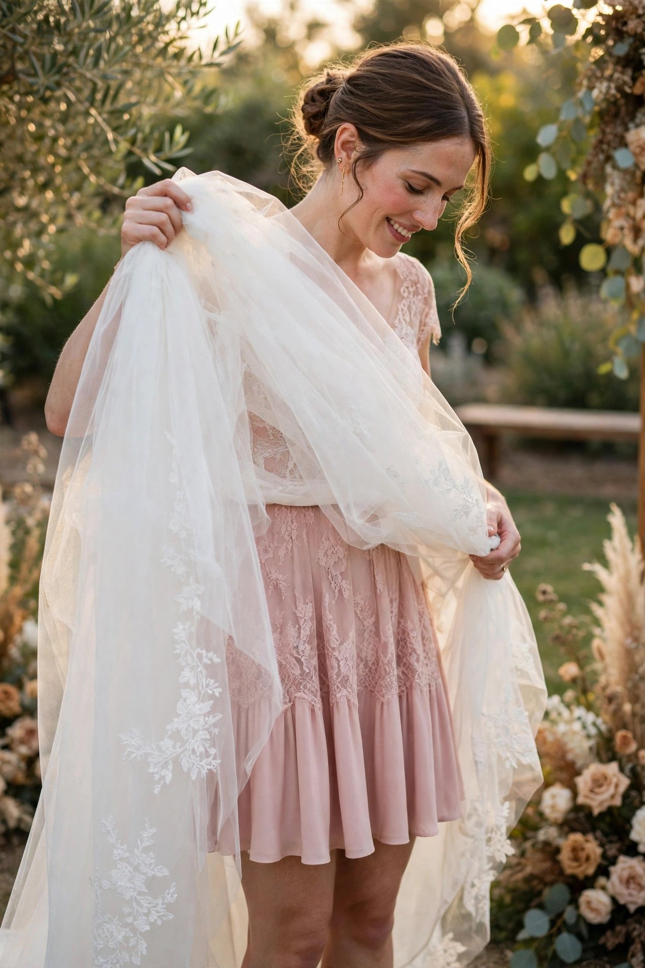Bride removing a detachable overskirt from her gown to reveal a shorter dress