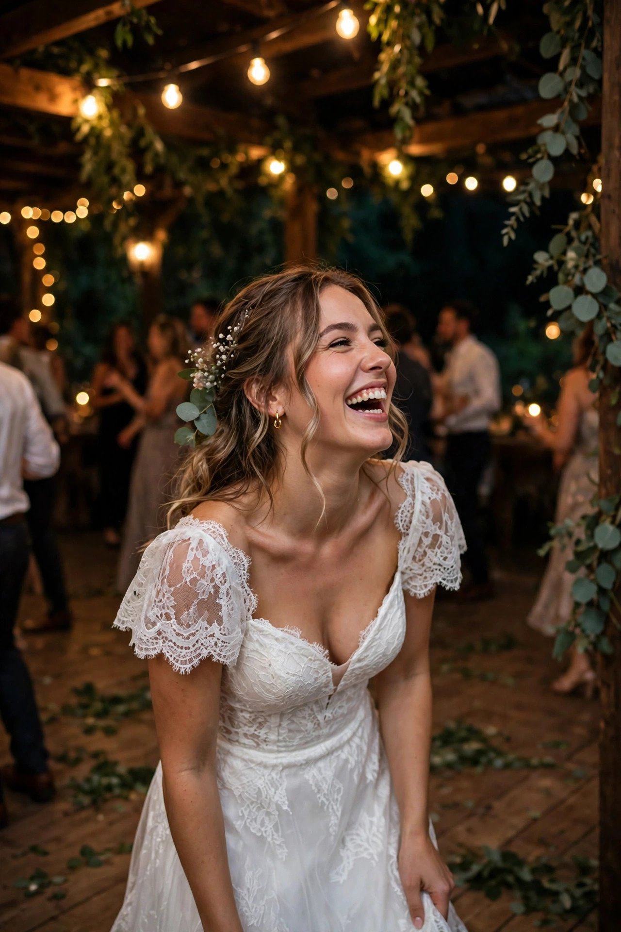 Bride laughing on the dance floor late at night in her reception dress