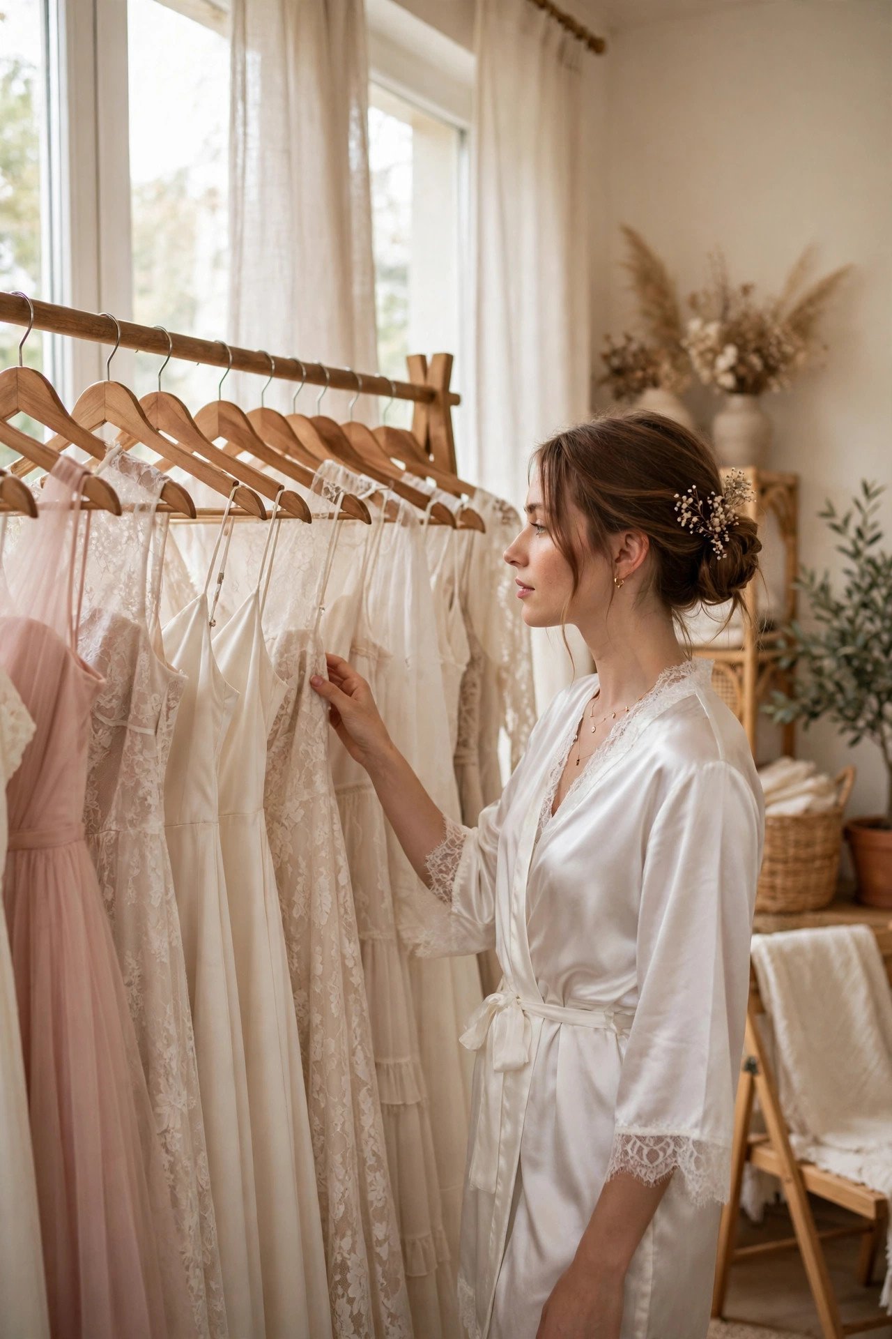 Bride browsing a sample sale rail of affordable reception dresses