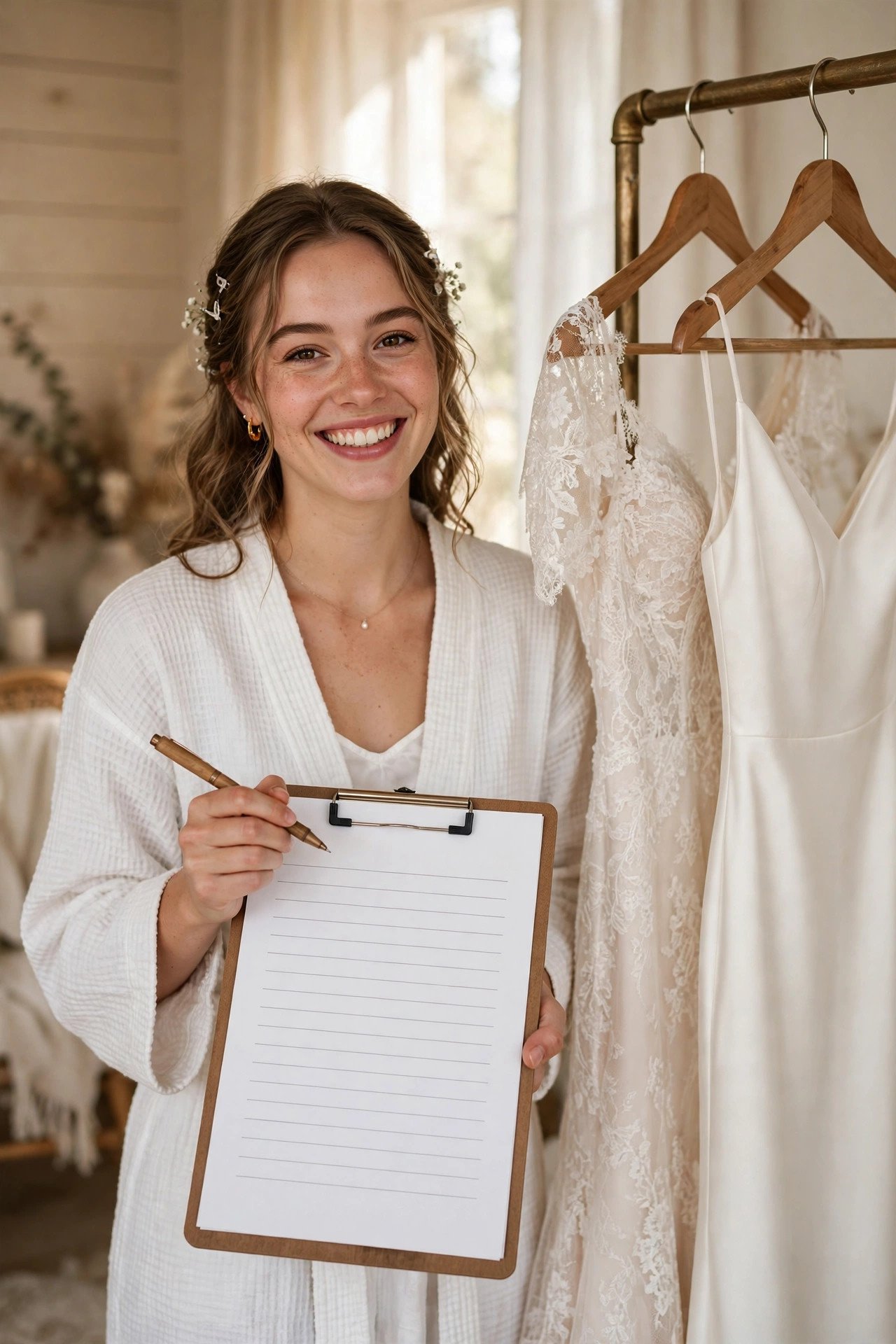 Bride ticking off a decision checklist beside her two dress options
