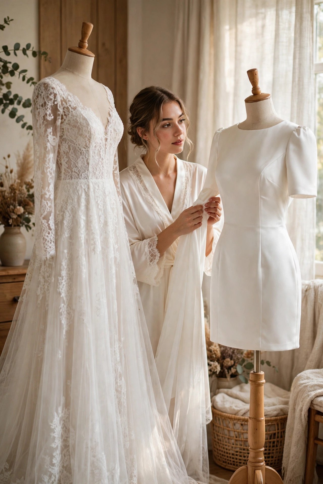 Bride comparing her long ceremony gown with a short reception dress side by side