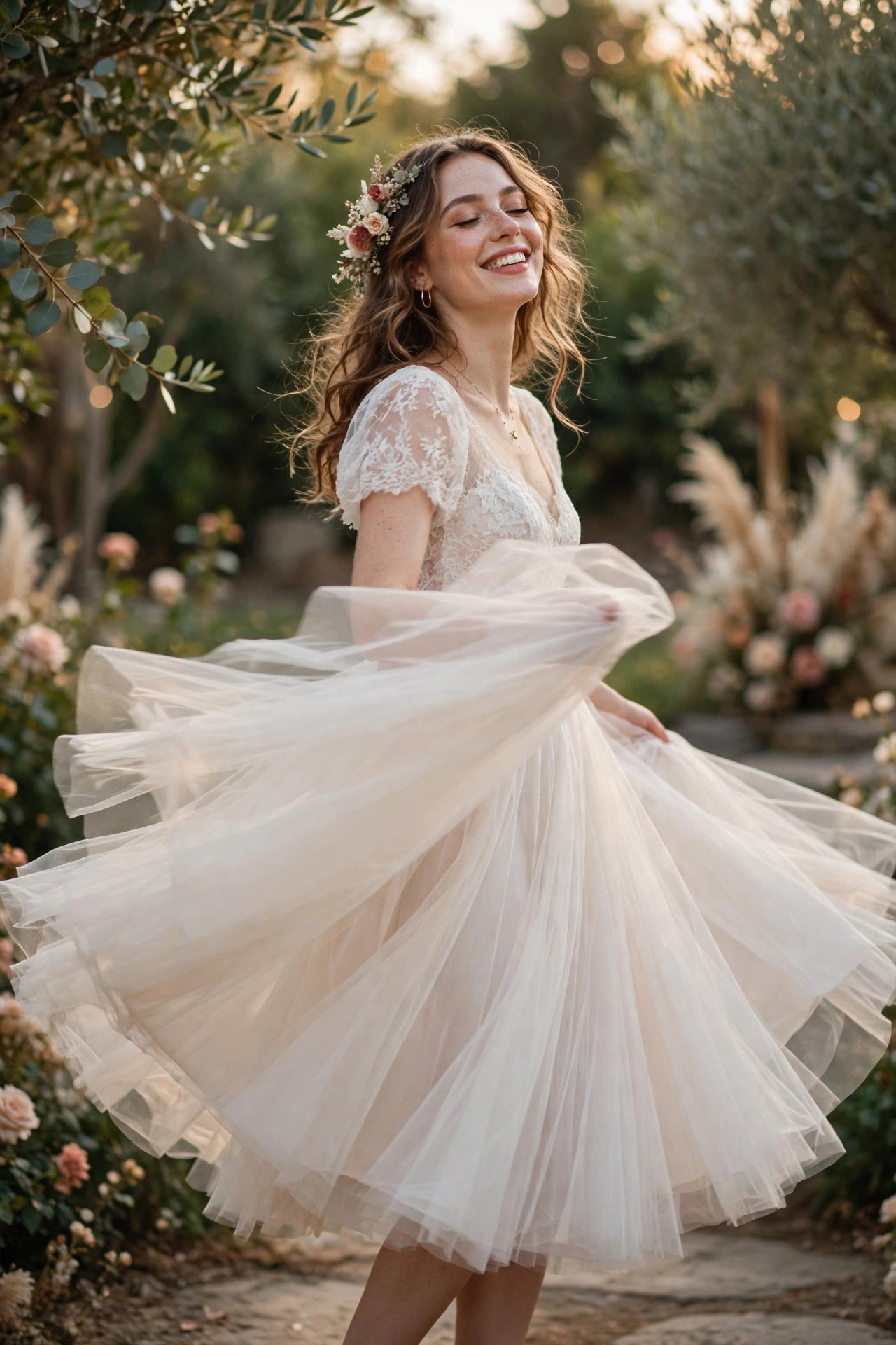 Bride twirling in a tea-length tulle reception dress as the skirt floats around her