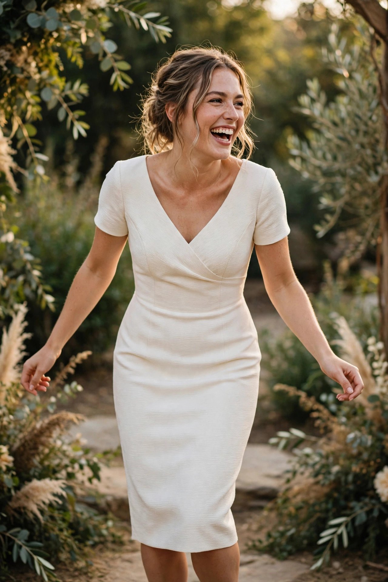 Bride laughing mid-dance in a knee-length stretch crepe dress