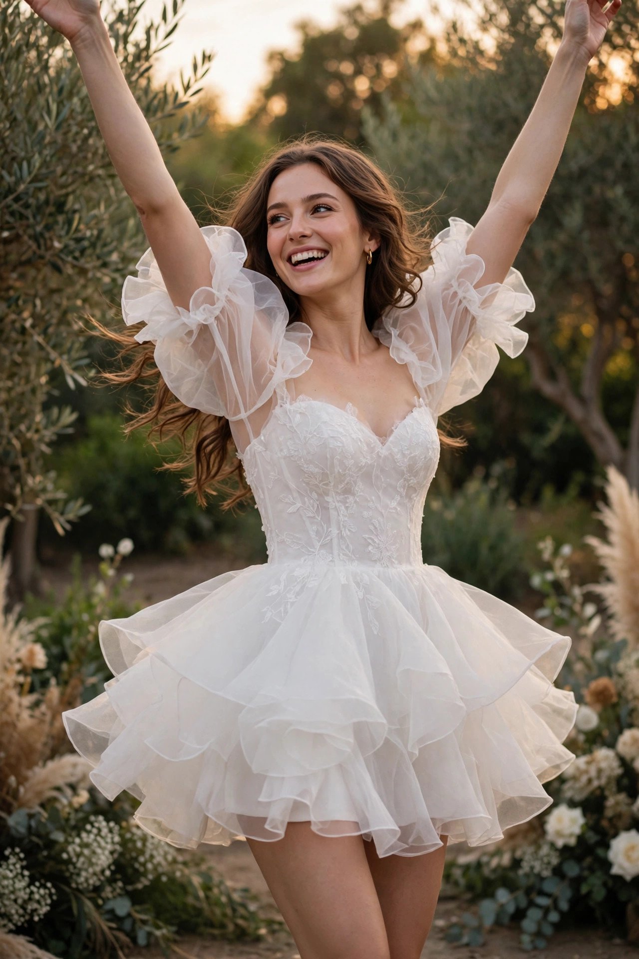 Bride dancing in an organza puff-sleeve mini dress with her arms raised