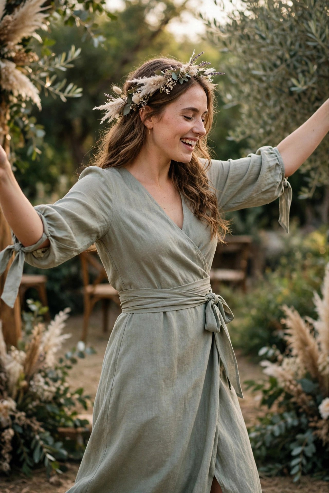 Bride dancing in a wrap reception dress with a securely tied waist