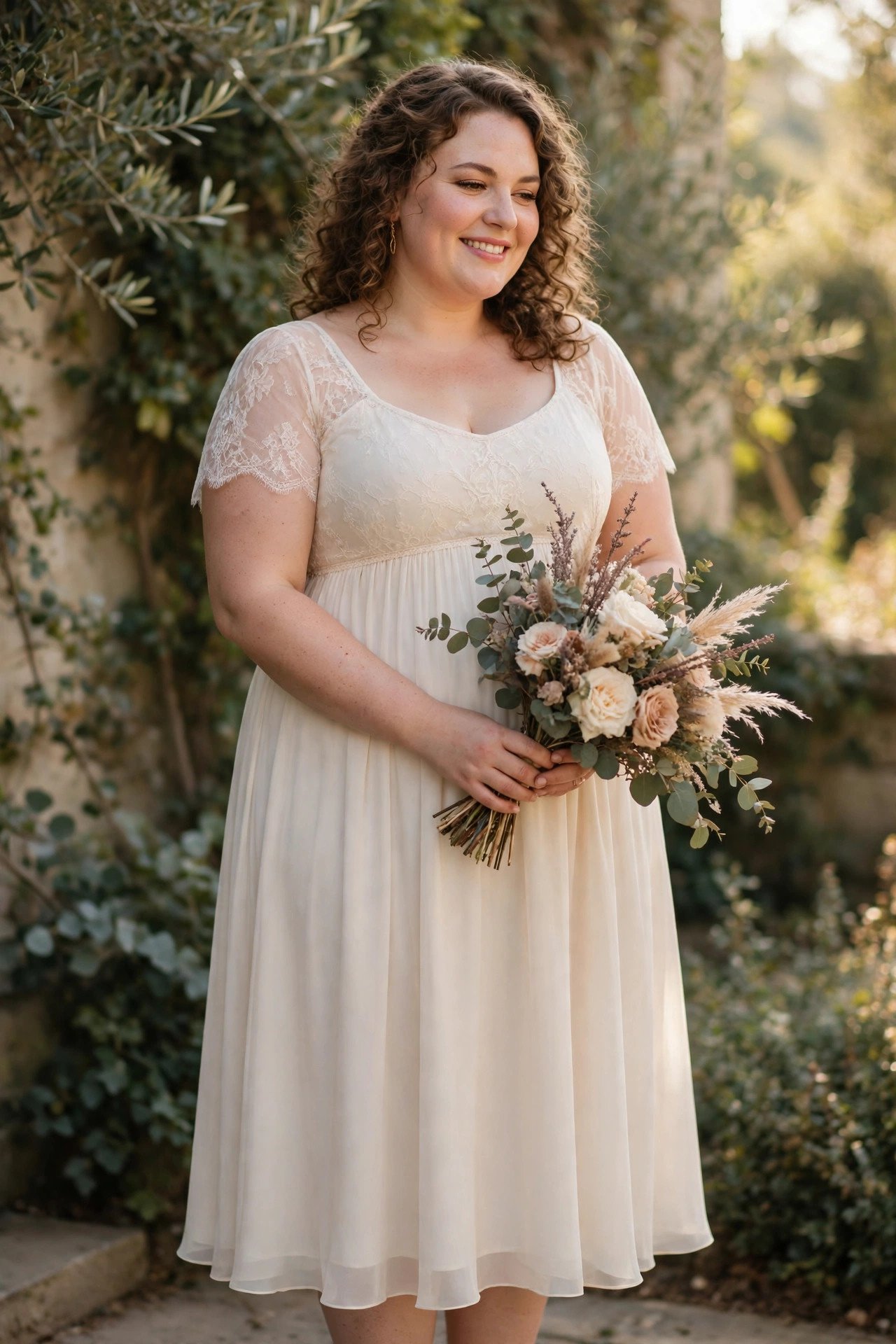 Bride wearing a graceful plus size empire-line midi dress with flowing skirt