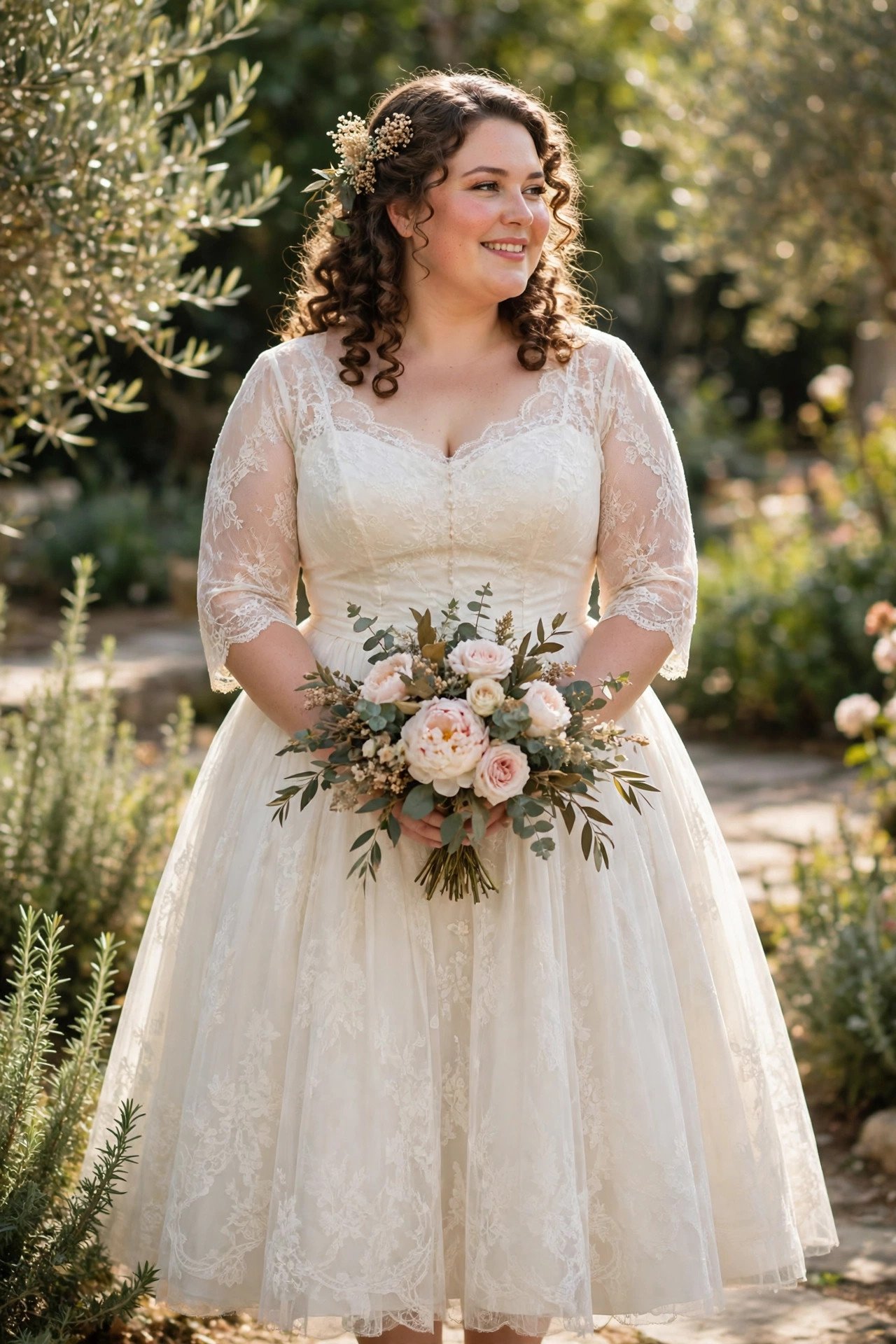 Bride in a plus size tea-length vintage-style reception dress with a full skirt