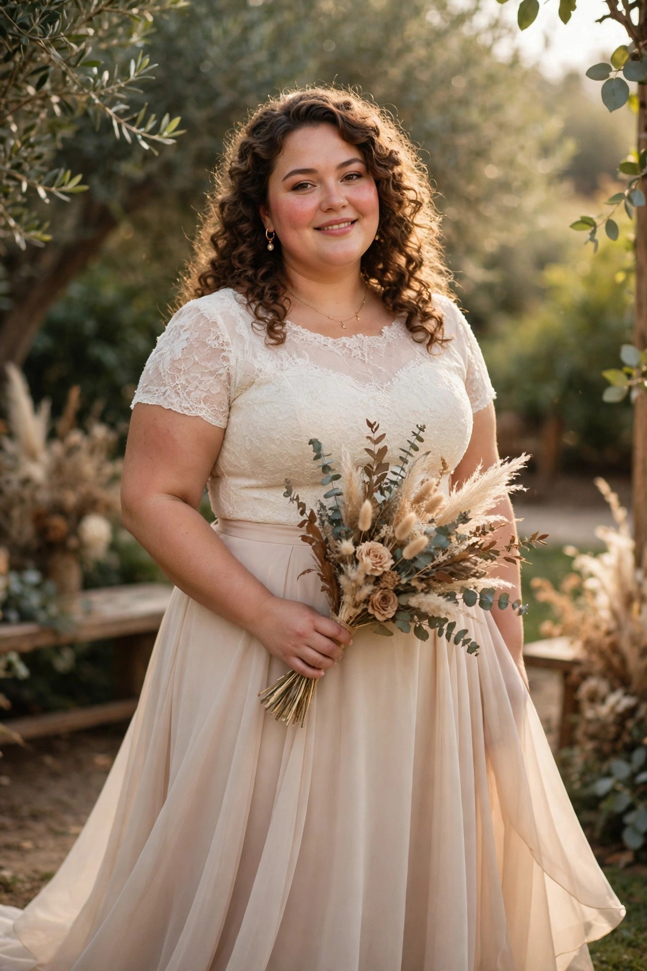 Bride wearing a plus size two-piece reception set with a fitted top and flowing skirt