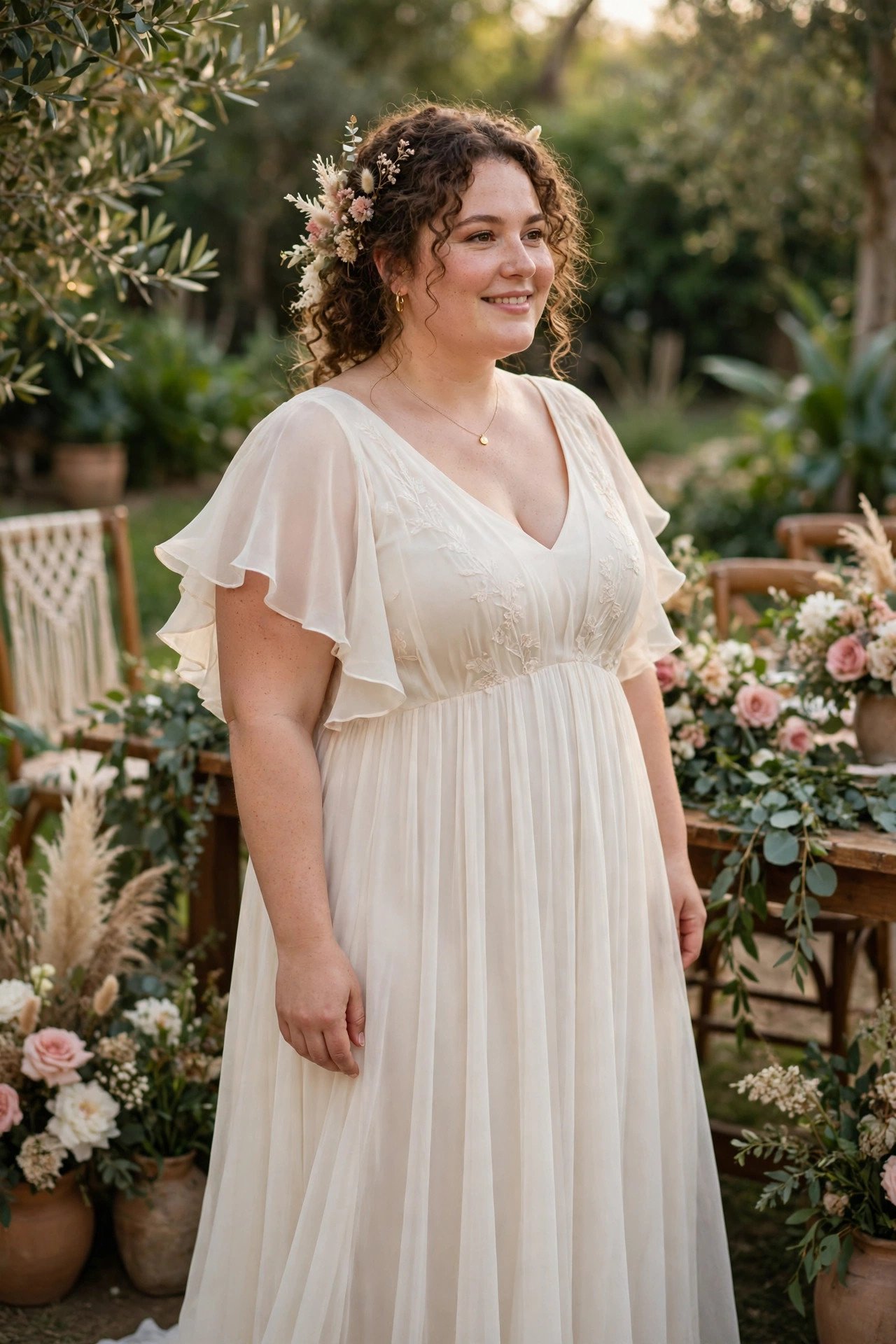 Bride in a flowing plus size chiffon maxi dress with flutter sleeves at a garden reception