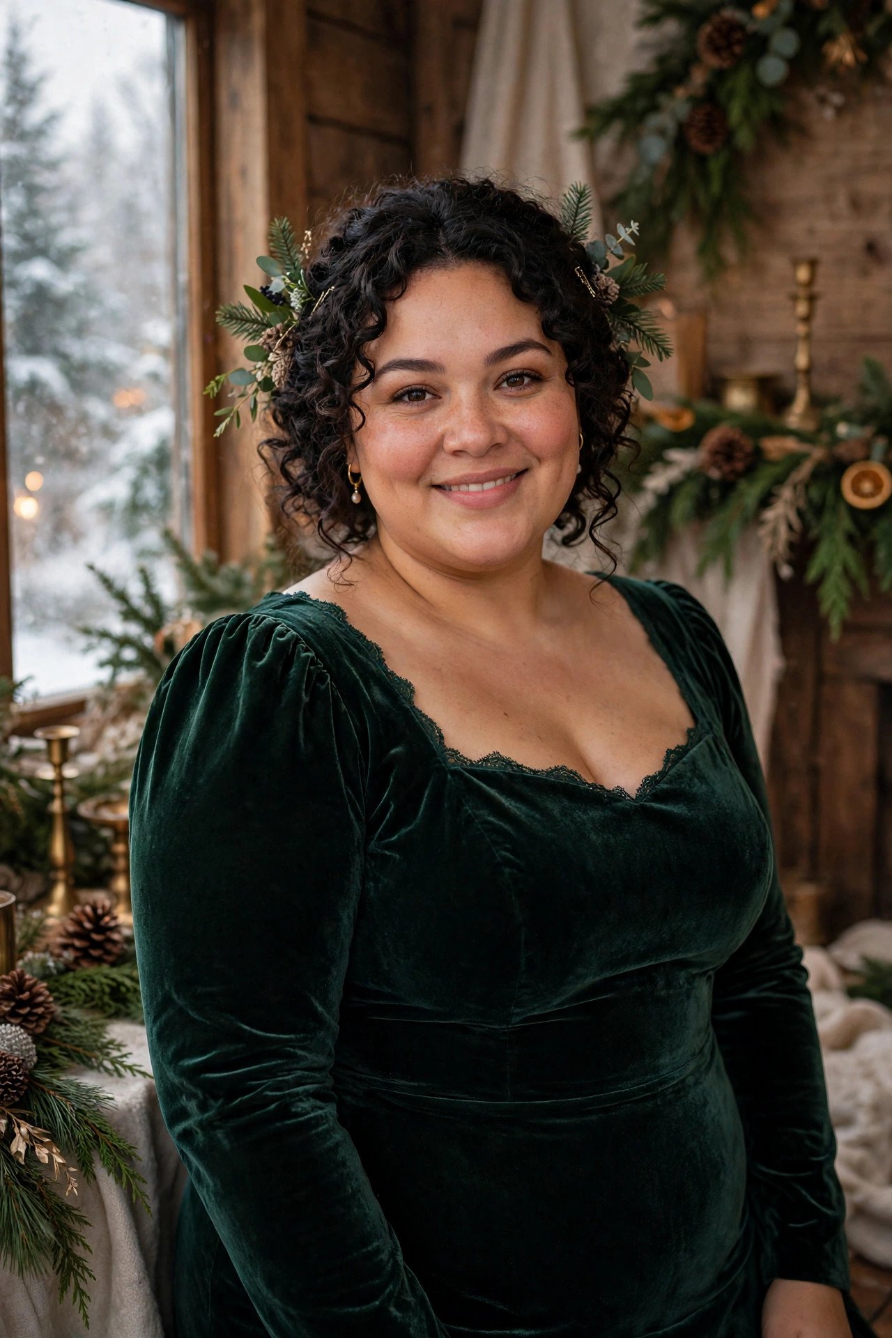 Bride in a luxurious plus size velvet reception dress at a candlelit winter wedding