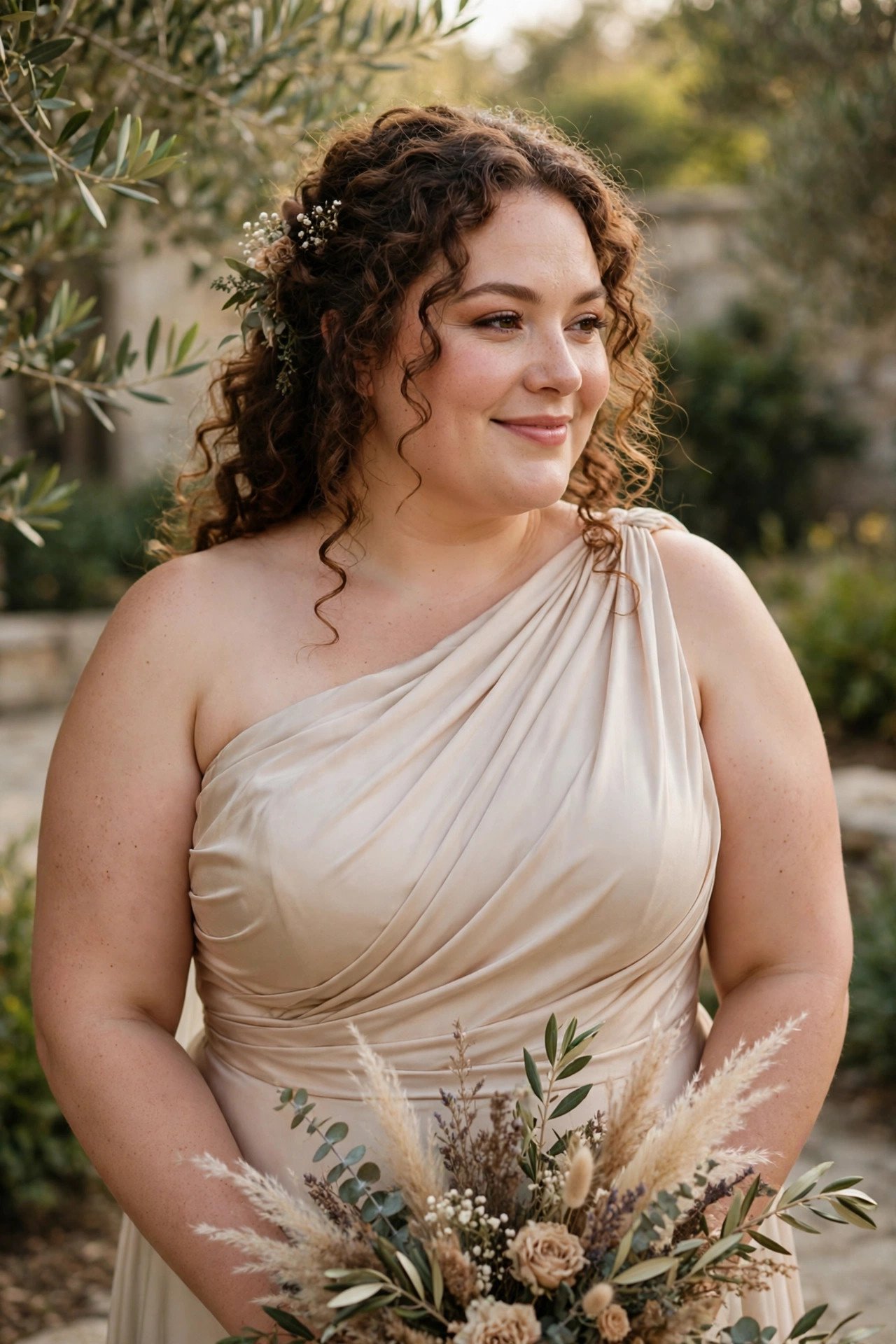 Bride in a plus size one-shoulder reception dress with elegant draping