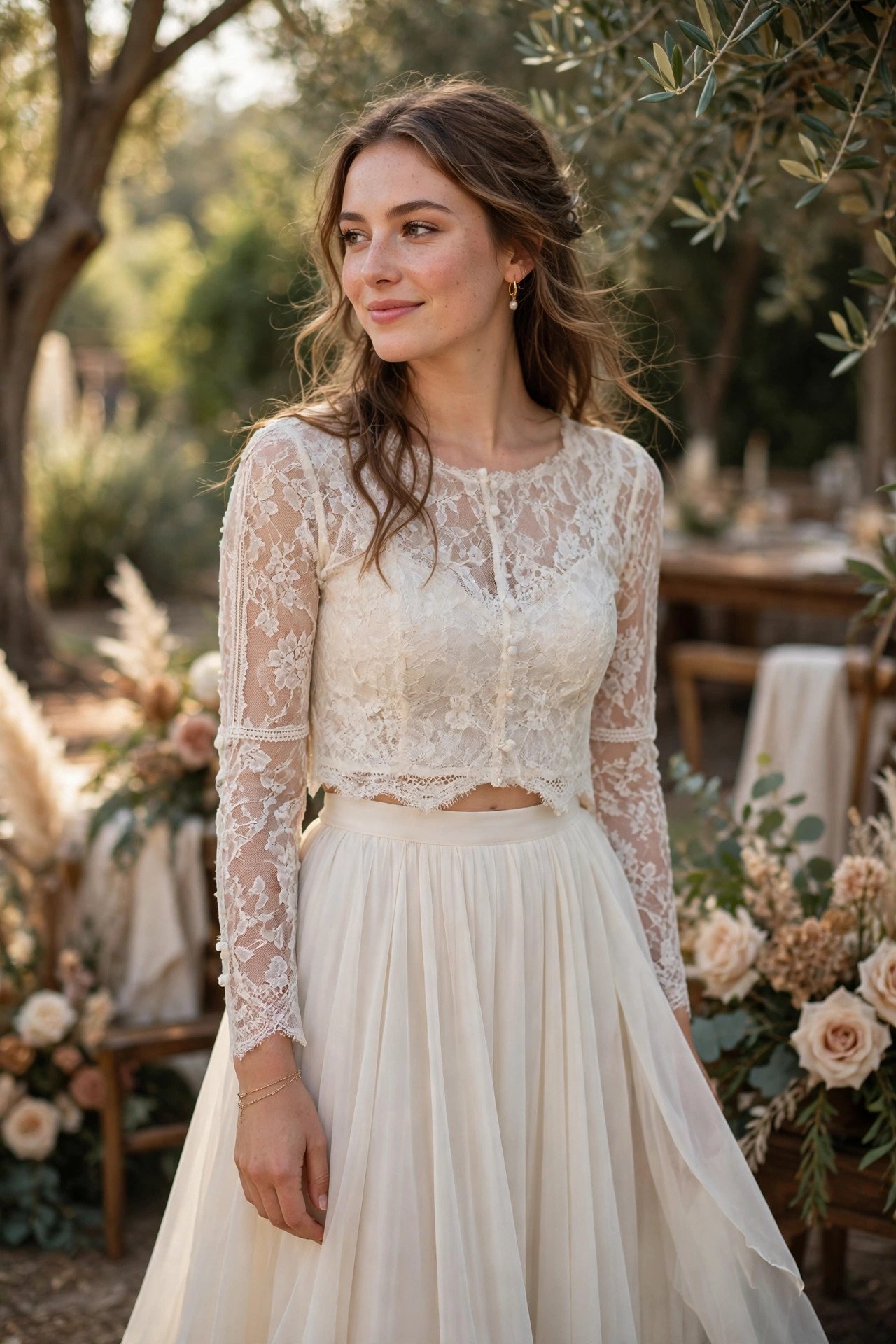 Bride changing into a two-piece separates outfit for her reception