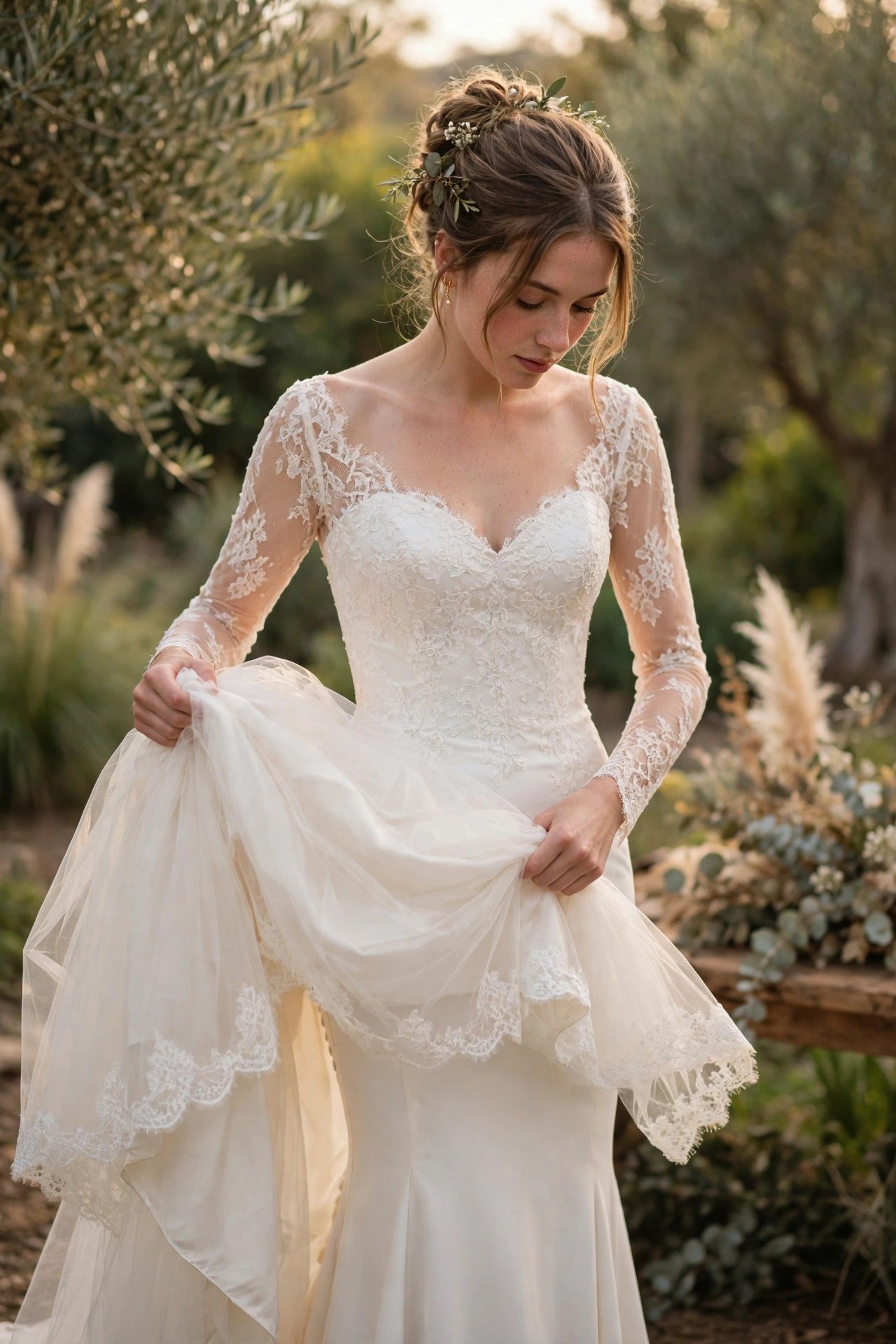 Bride removing a detachable overskirt to reveal a fitted dress beneath