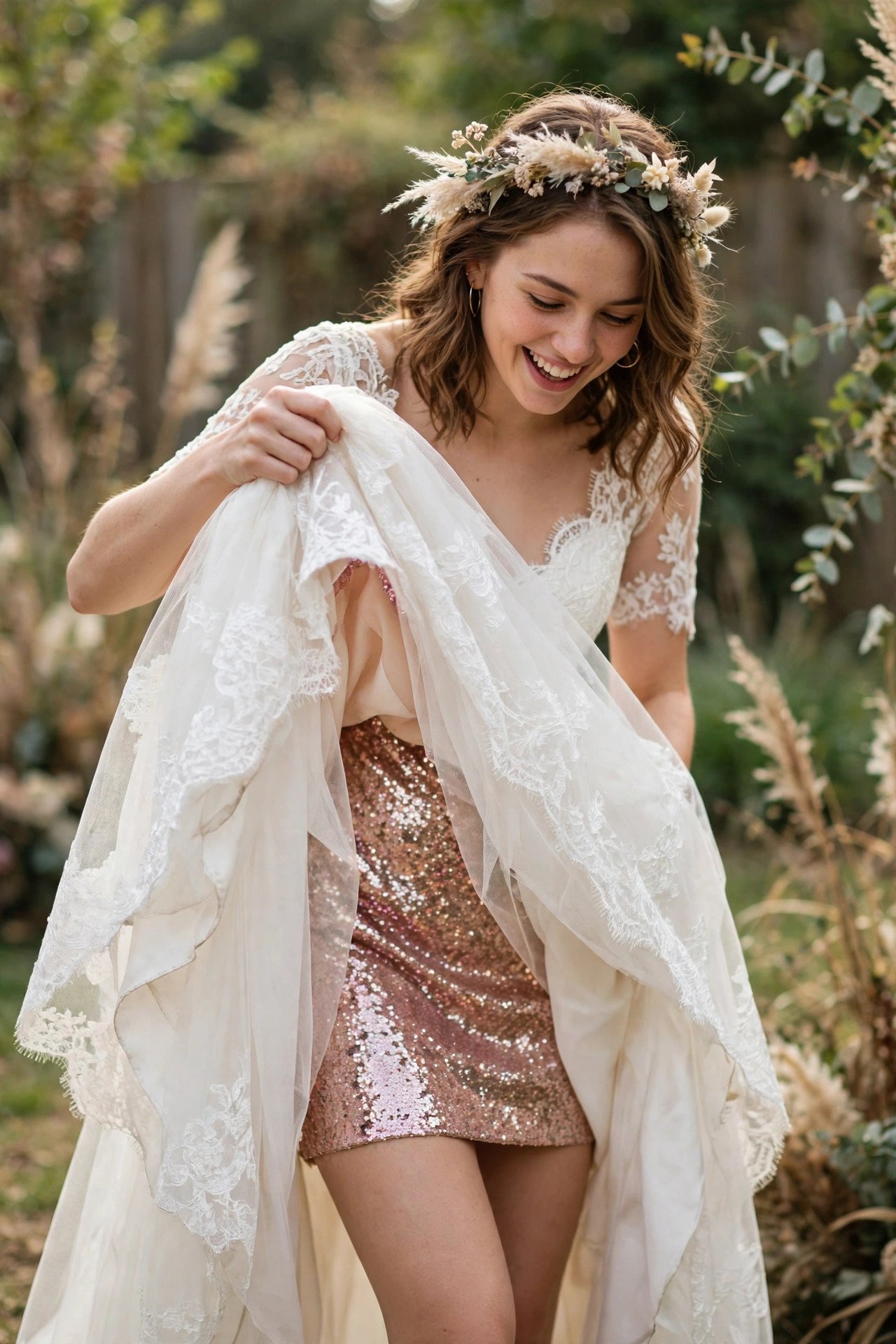 Bride lifting her gown hem to reveal a party mini dress worn beneath