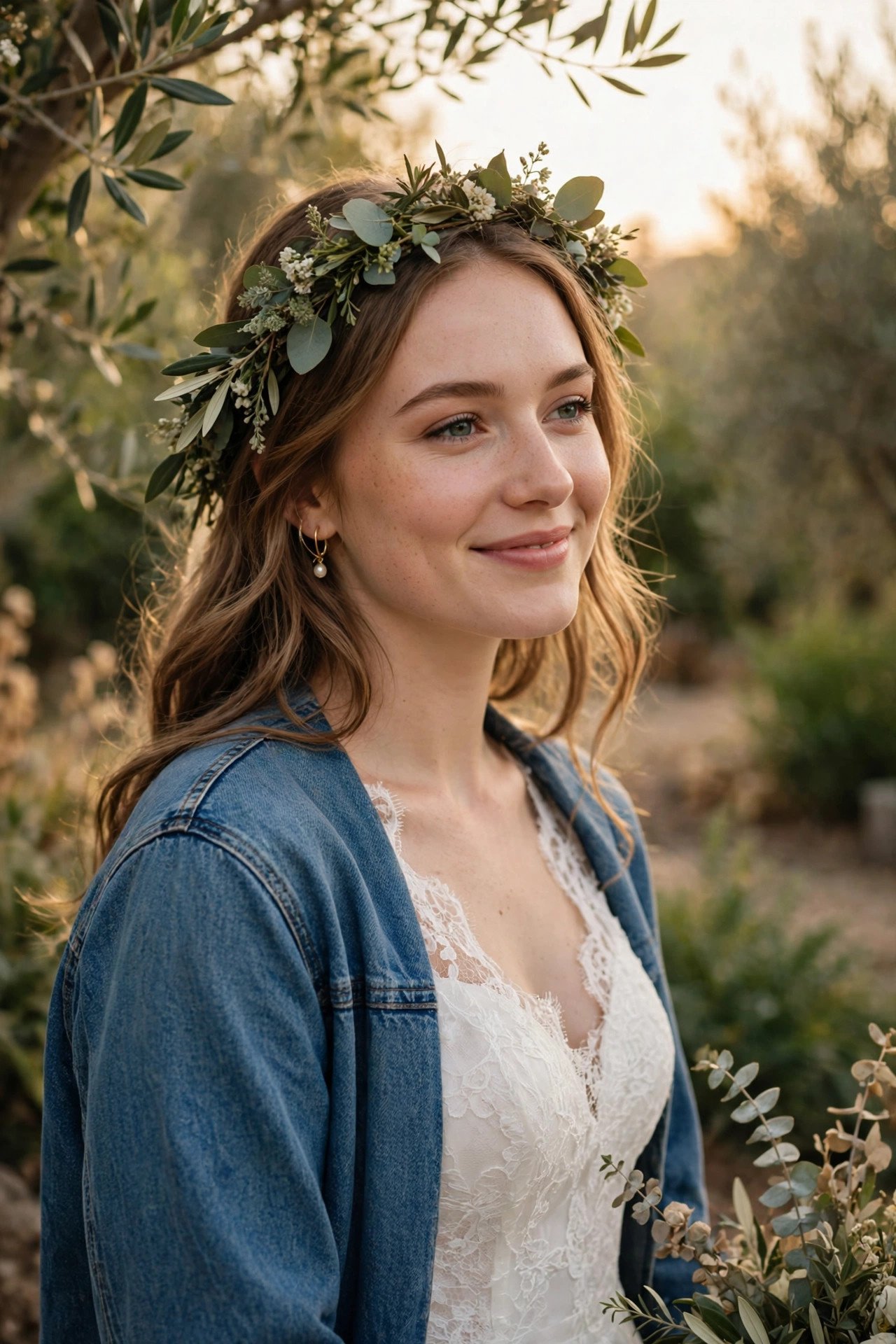 Bride wearing a personalised denim or leather jacket over her wedding dress
